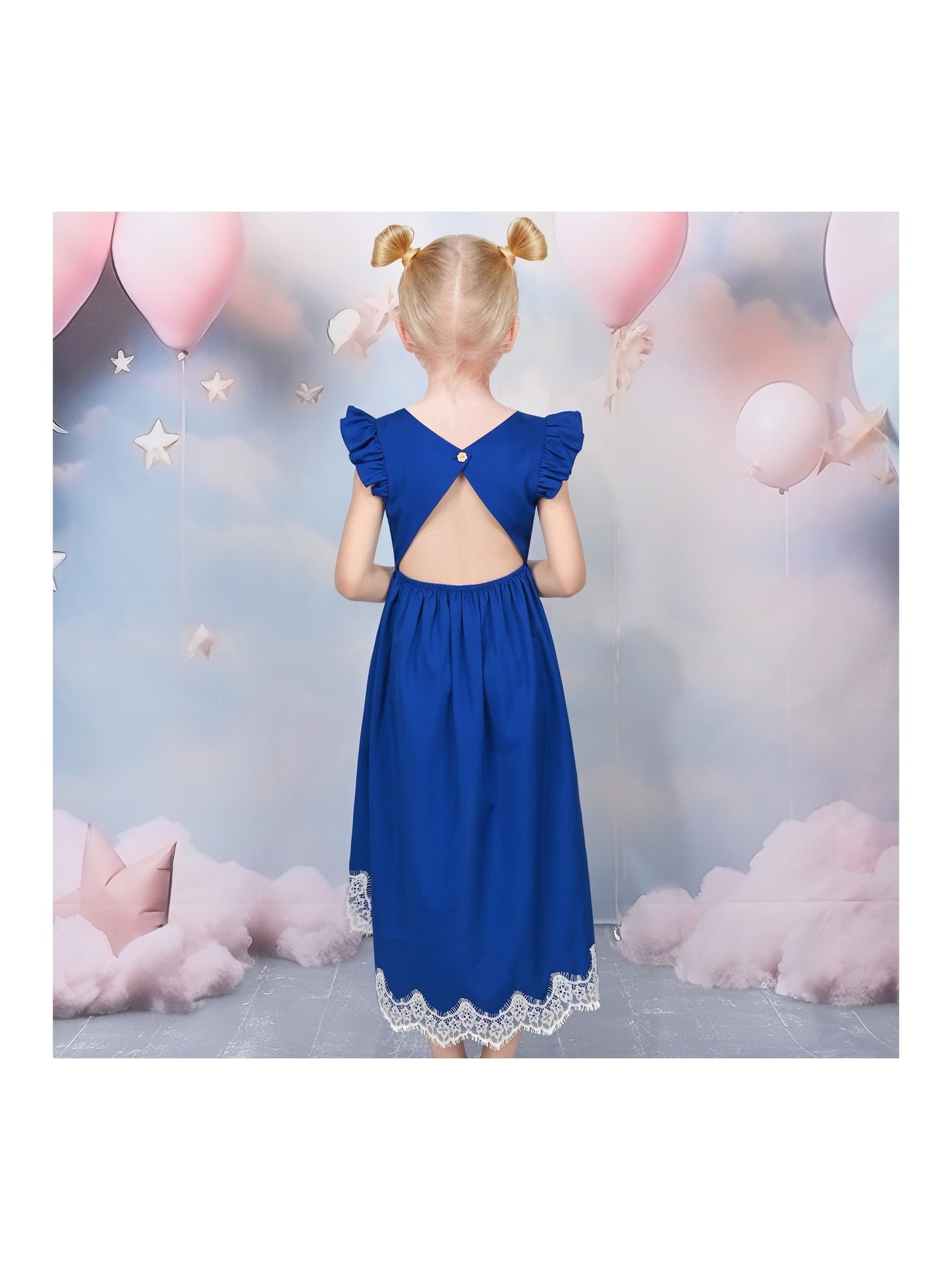 Flower Girls Dress Blue Hi-lo Lace V Back Fancy Wedding Blue