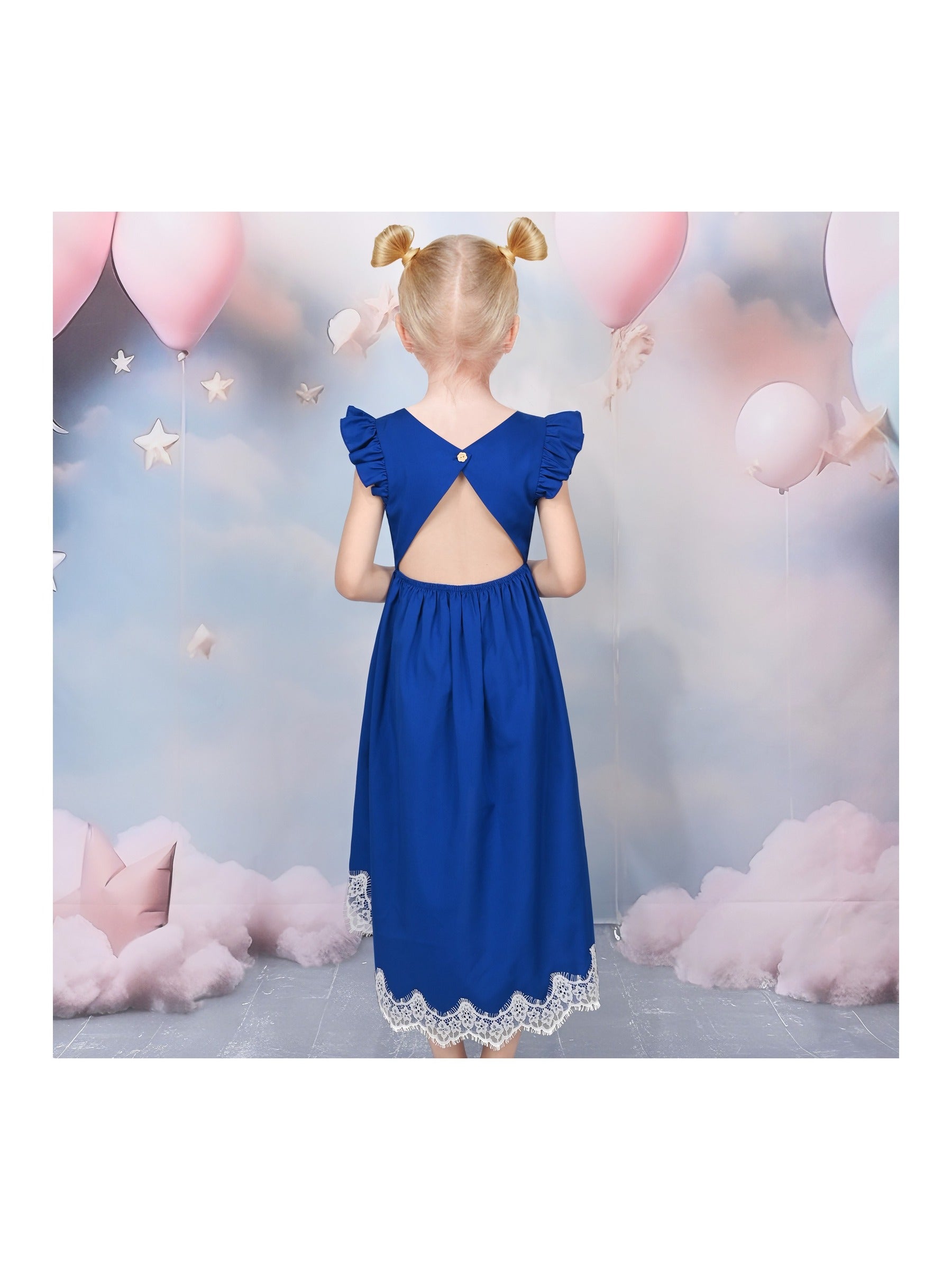 Flower Girls Dress Blue Hi-lo Lace V Back Fancy Wedding Blue