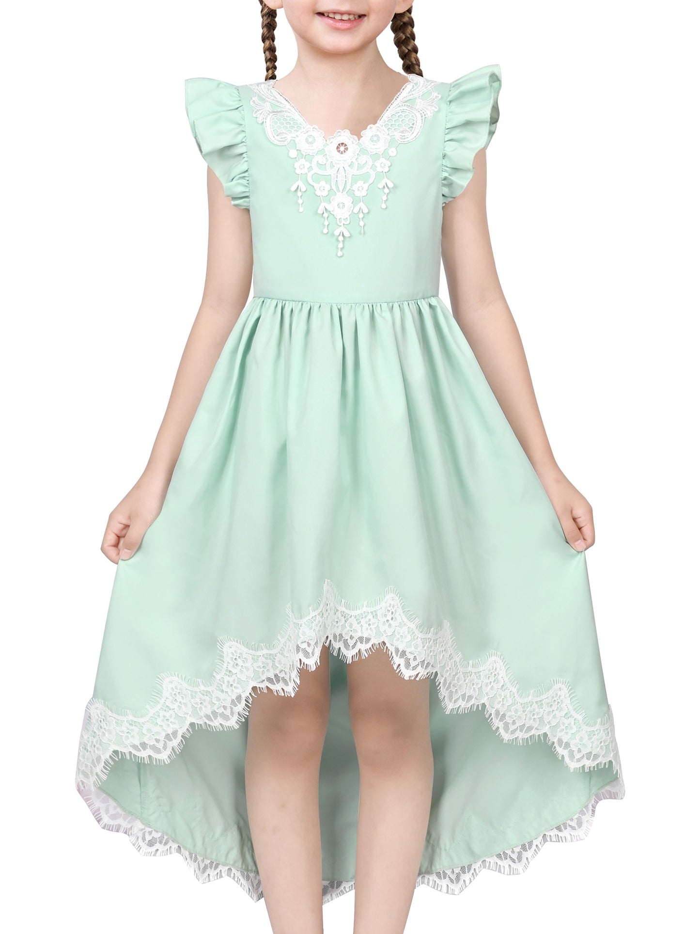 Flower Girls Dress Blue Hi-lo Lace V Back Fancy Wedding Green