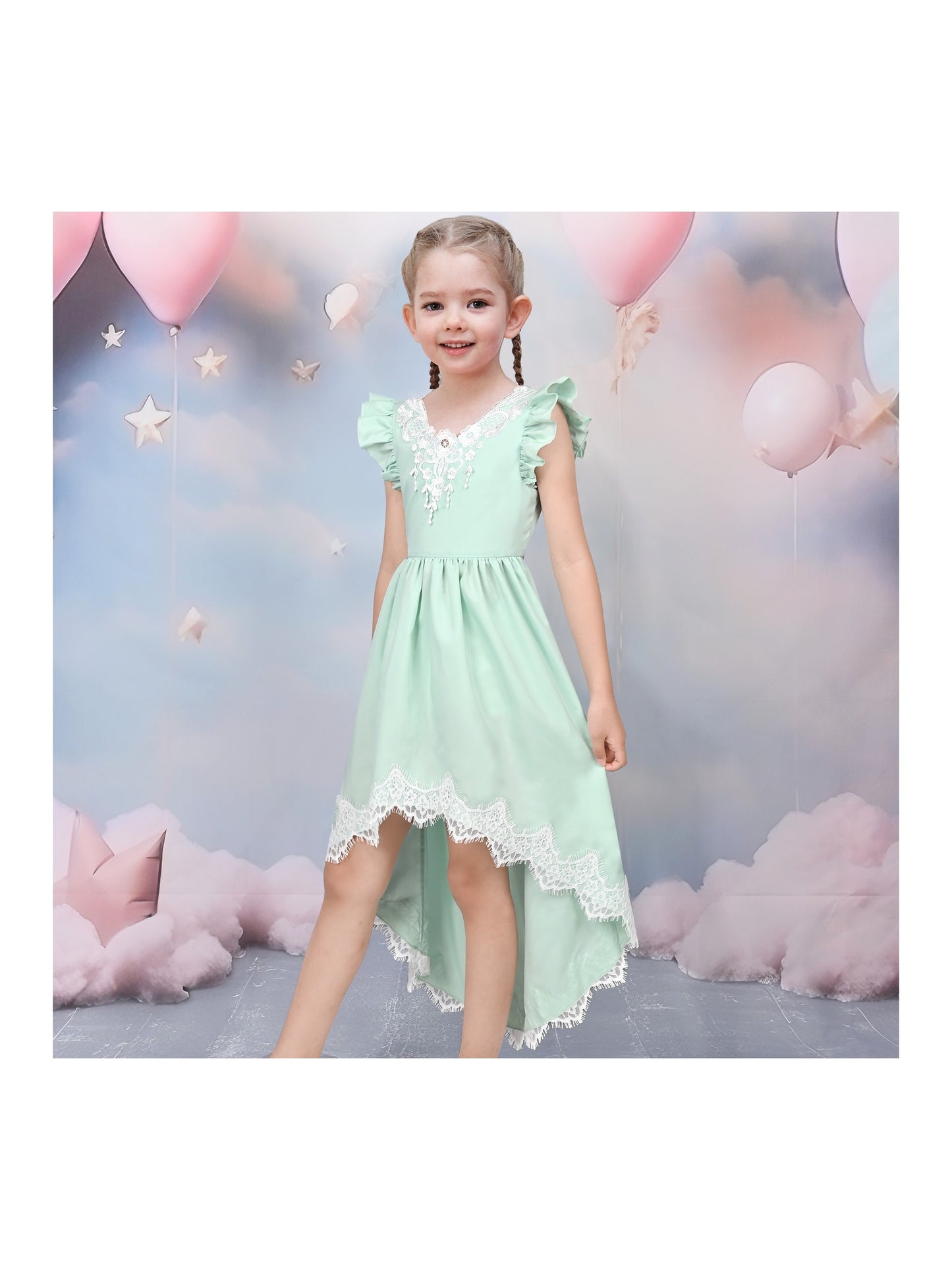 Flower Girls Dress Blue Hi-lo Lace V Back Fancy Wedding Green