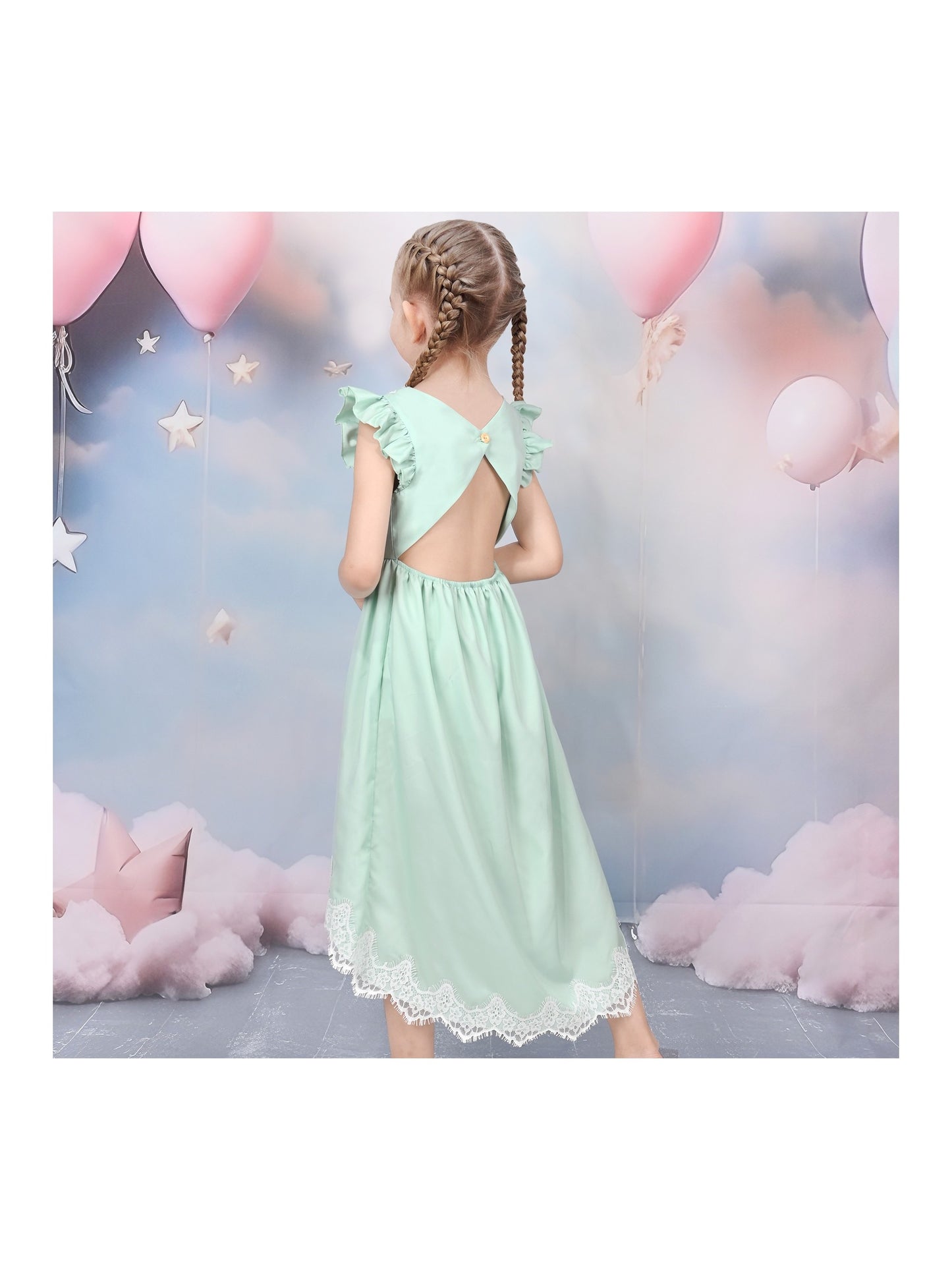 Flower Girls Dress Blue Hi-lo Lace V Back Fancy Wedding Green