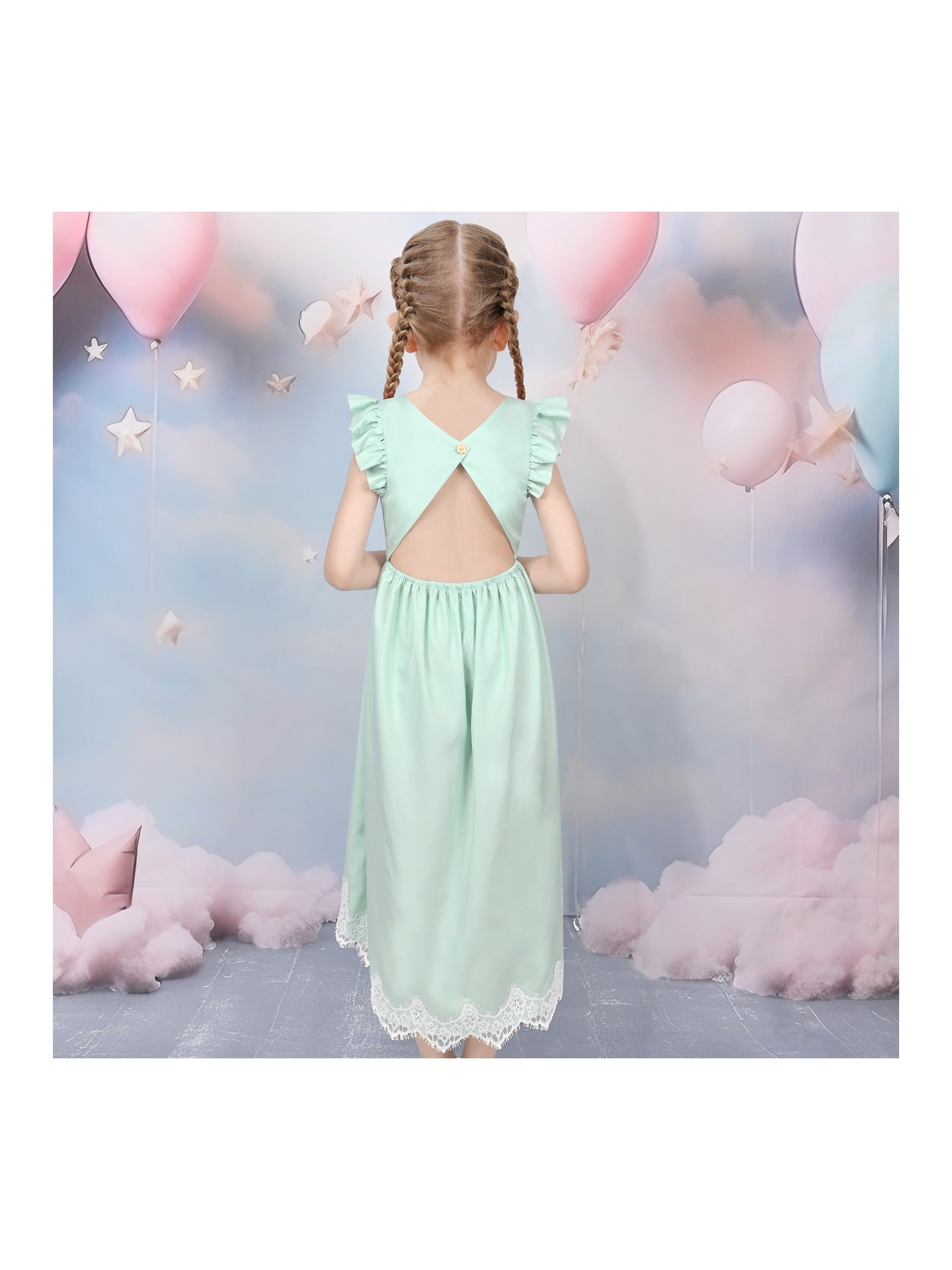 Flower Girls Dress Blue Hi-lo Lace V Back Fancy Wedding Green