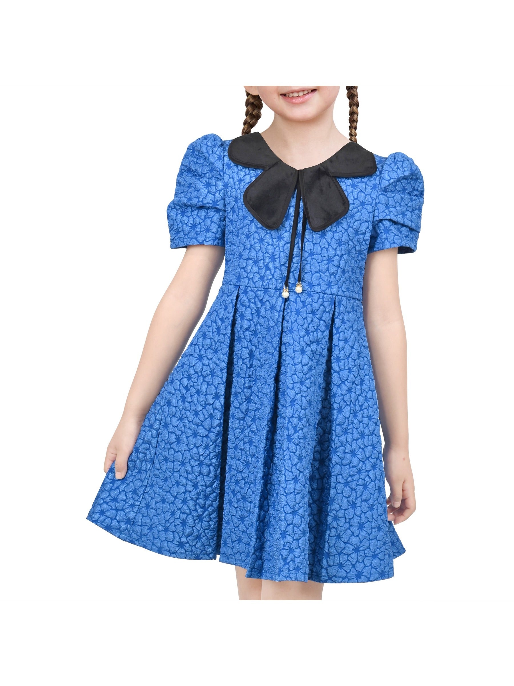 Girls Dress Blue Floral Bow Tie Black Collar Short Sleeve Pleated Party Blue