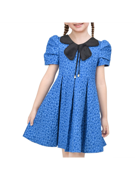 Girls Dress Blue Floral Bow Tie Black Collar Short Sleeve Pleated Party Blue