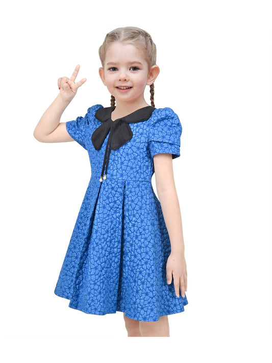 Girls Dress Blue Floral Bow Tie Black Collar Short Sleeve Pleated Party Blue