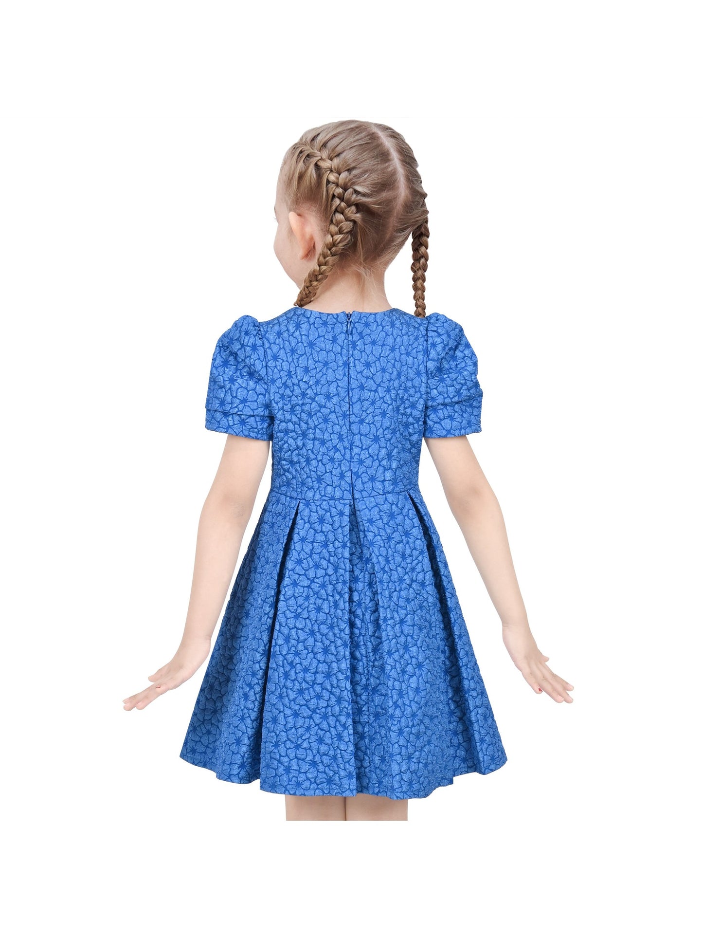 Girls Dress Blue Floral Bow Tie Black Collar Short Sleeve Pleated Party Blue