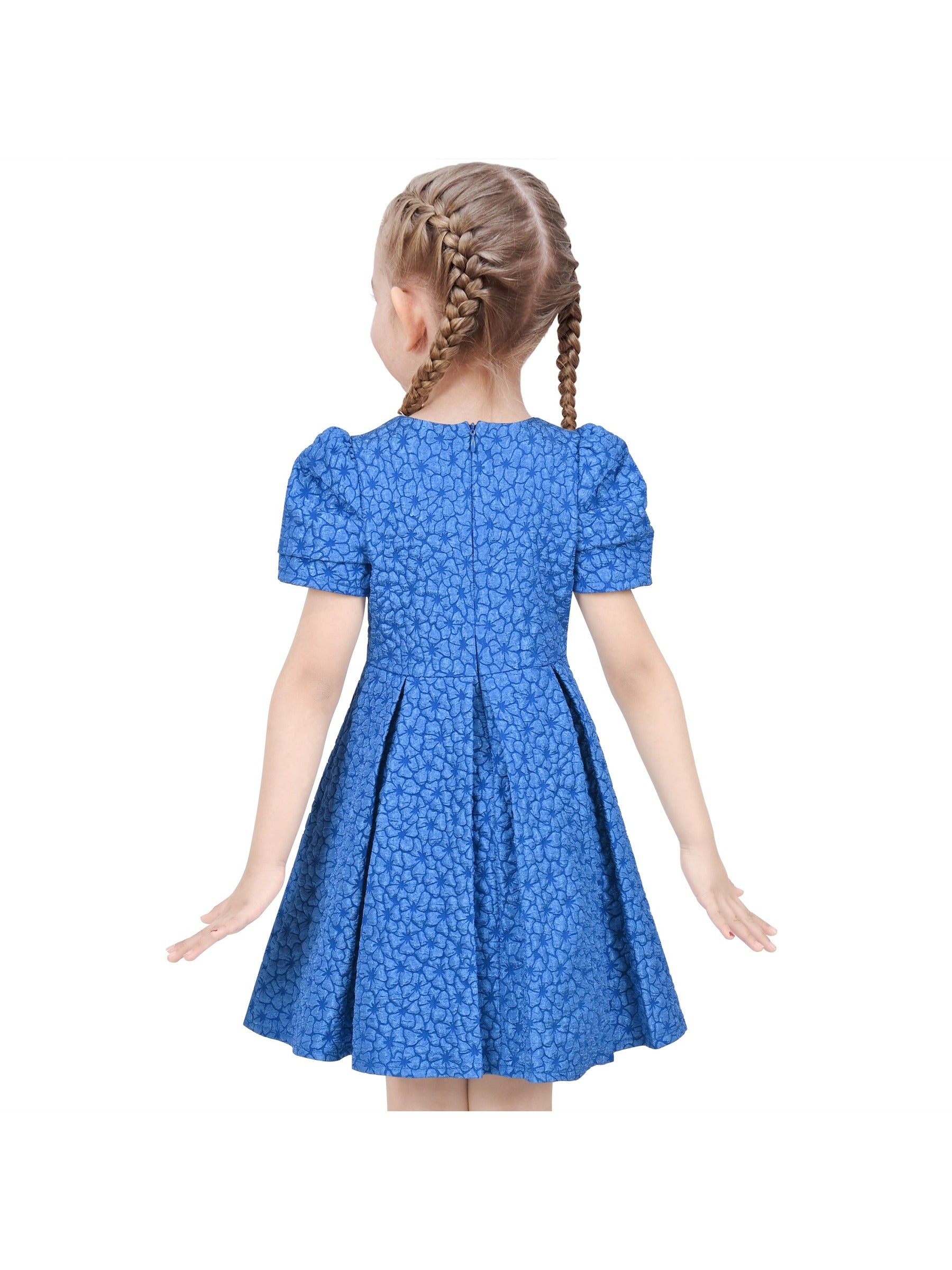Girls Dress Blue Floral Bow Tie Black Collar Short Sleeve Pleated Party Blue