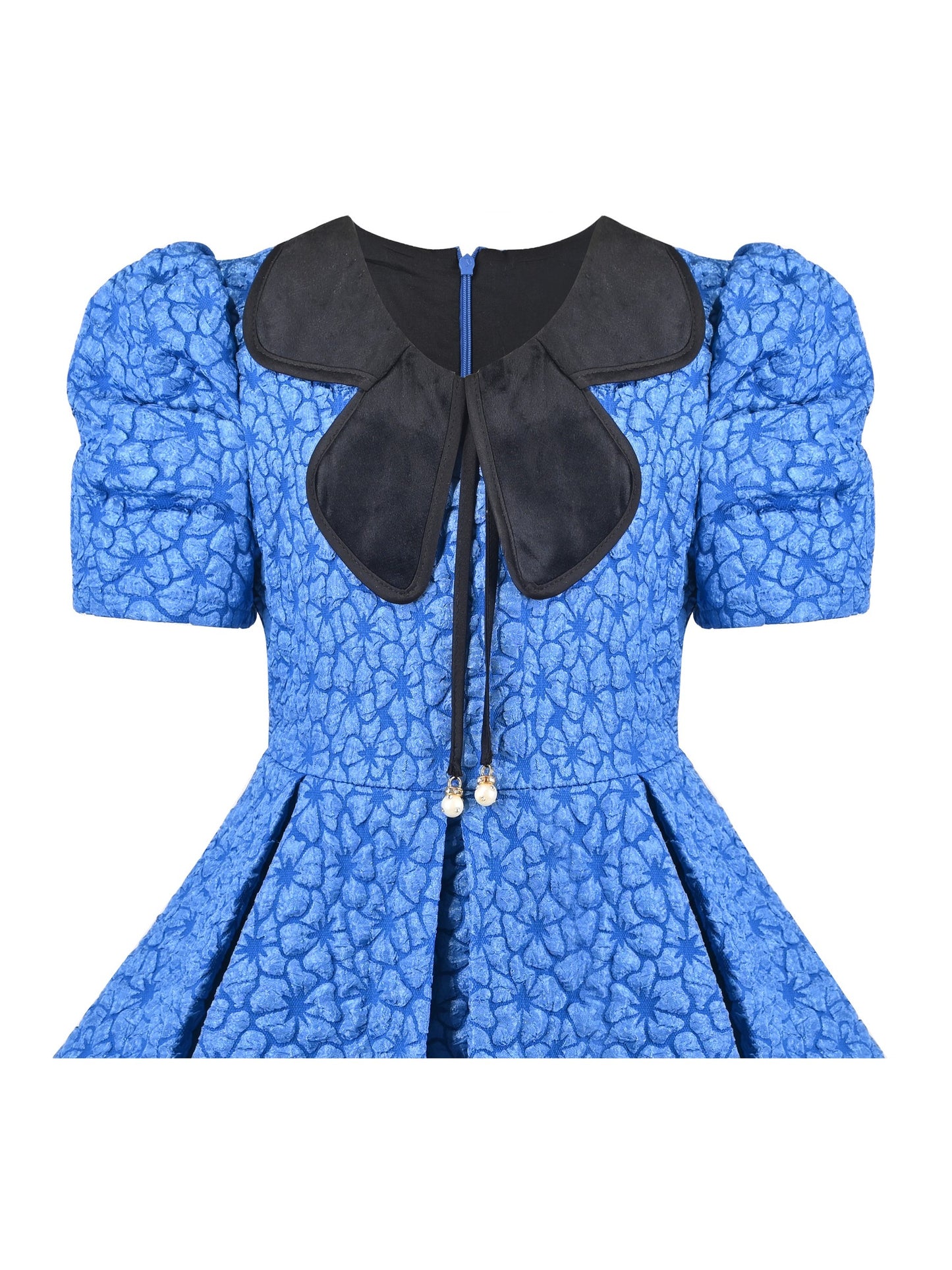 Girls Dress Blue Floral Bow Tie Black Collar Short Sleeve Pleated Party Blue