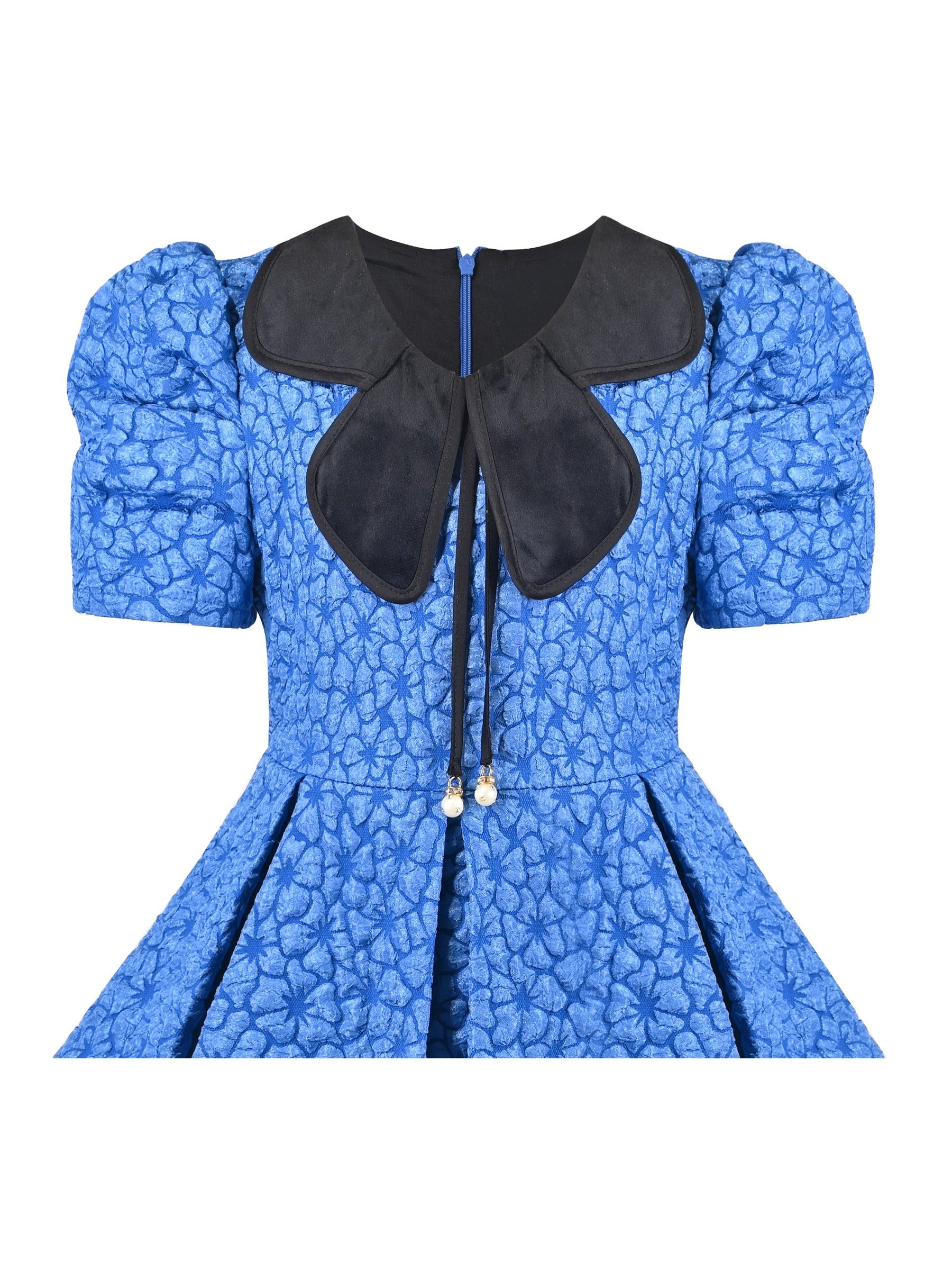 Girls Dress Blue Floral Bow Tie Black Collar Short Sleeve Pleated Party Blue