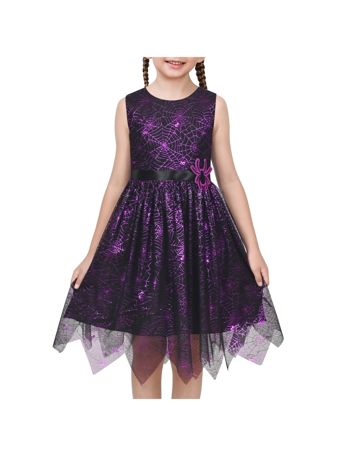 Girls Dress Black Sleeveless Colorful Alphabet Belt Cute School Hanky Hem - Purple