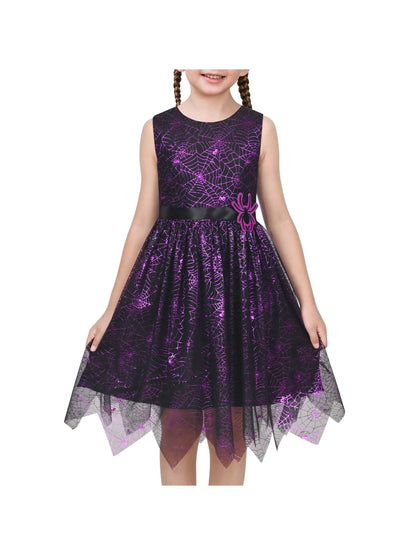 Girls Dress Black Sleeveless Colorful Alphabet Belt Cute School Hanky Hem - Purple