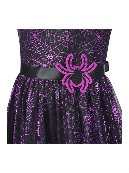 Girls Dress Black Sleeveless Colorful Alphabet Belt Cute School Hanky Hem - Purple