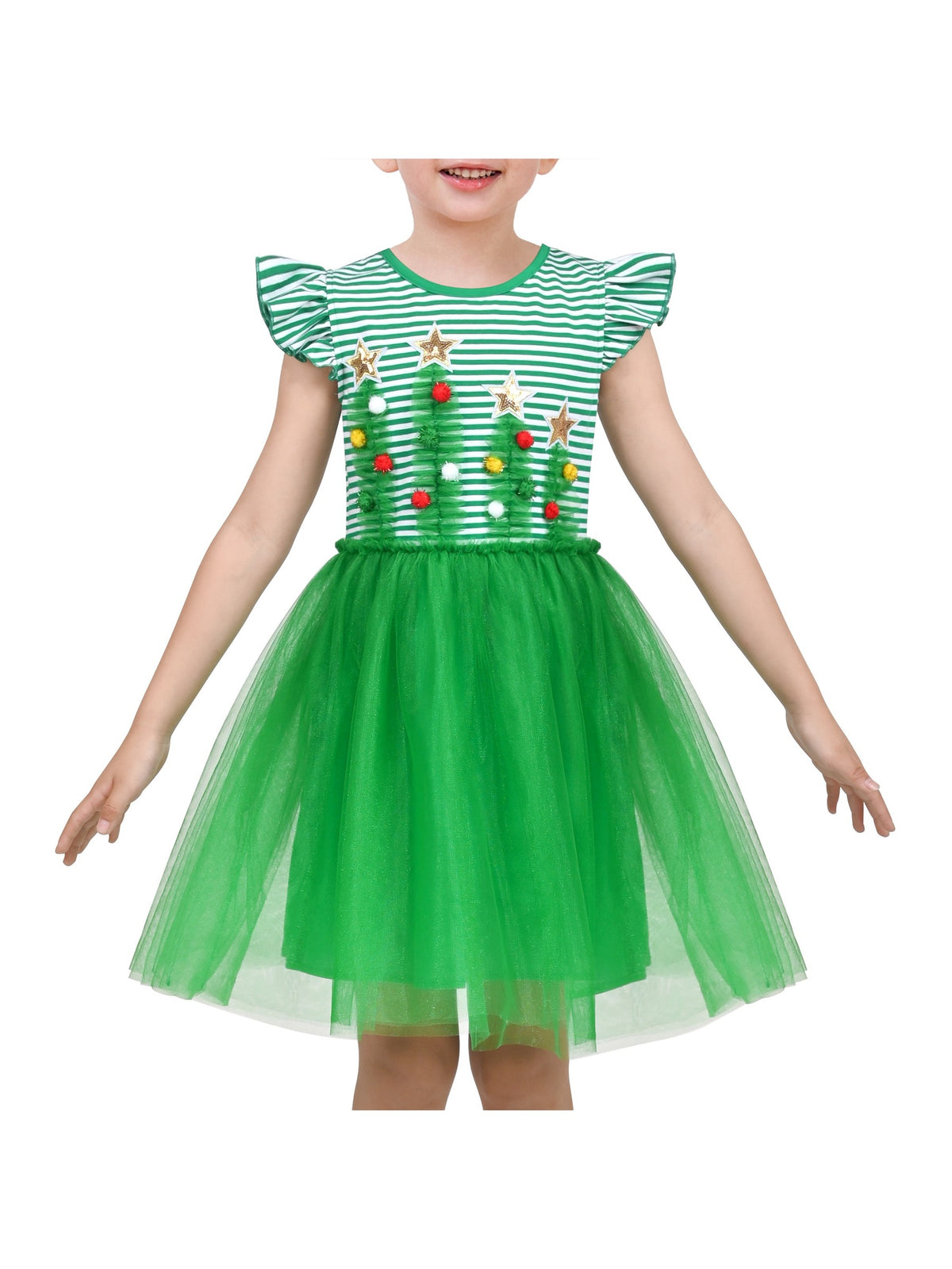 Girls Dress Tutu Skirt Cake Layered Grey Suspender Shiny Star Sleeveless - Green