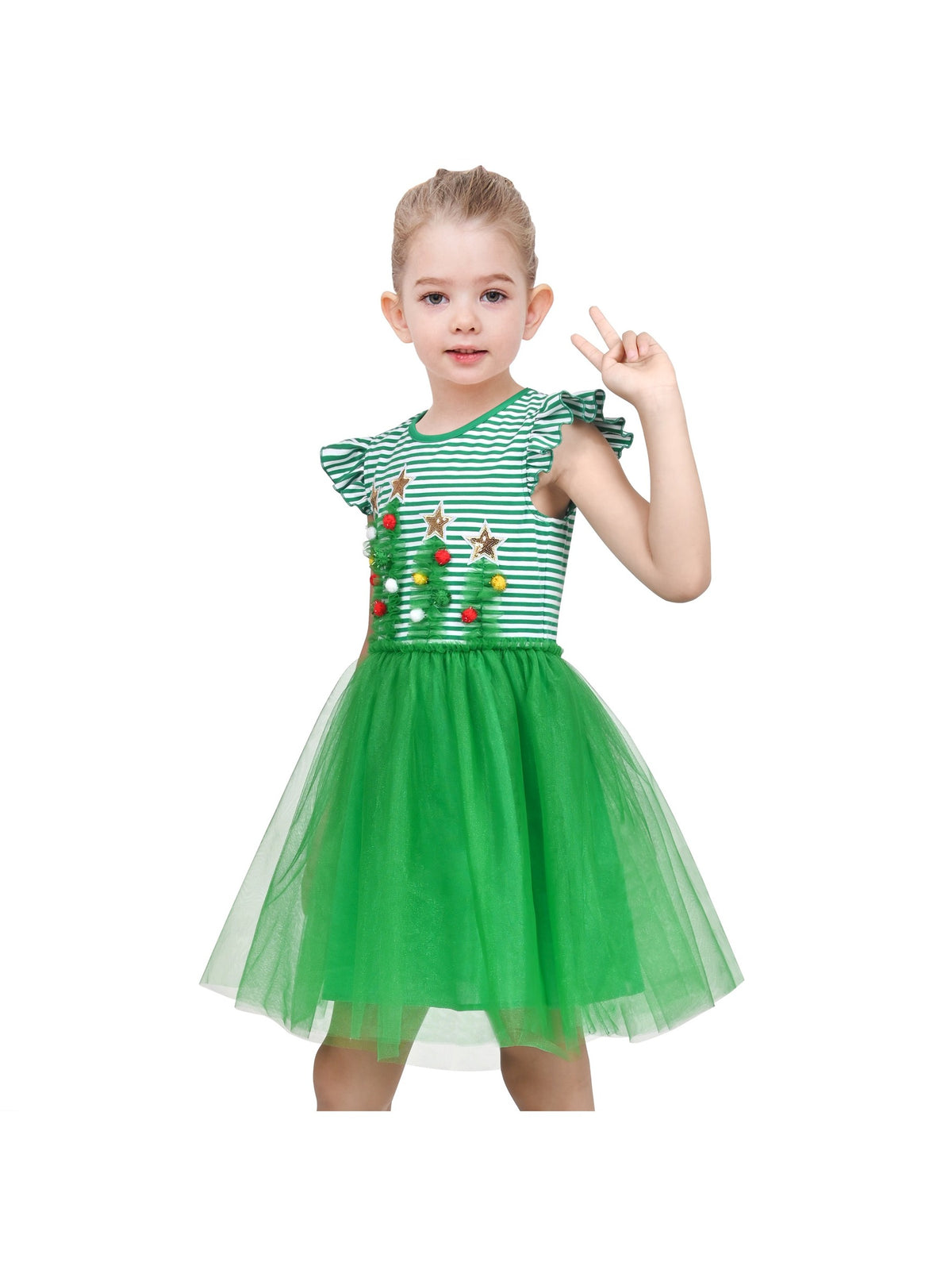 Girls Dress Tutu Skirt Cake Layered Grey Suspender Shiny Star Sleeveless - Green