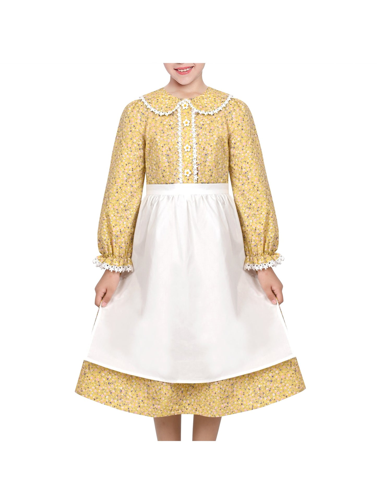 Girls Dress 3 Piece Set Pinafore Hat Colonial Party Floral Vintage Yellow
