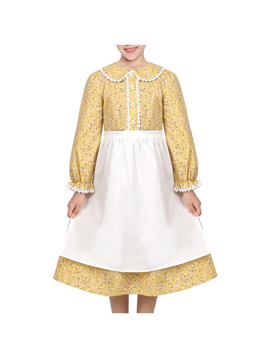 Girls Dress 3 Piece Set Pinafore Hat Colonial Party Floral Vintage Yellow