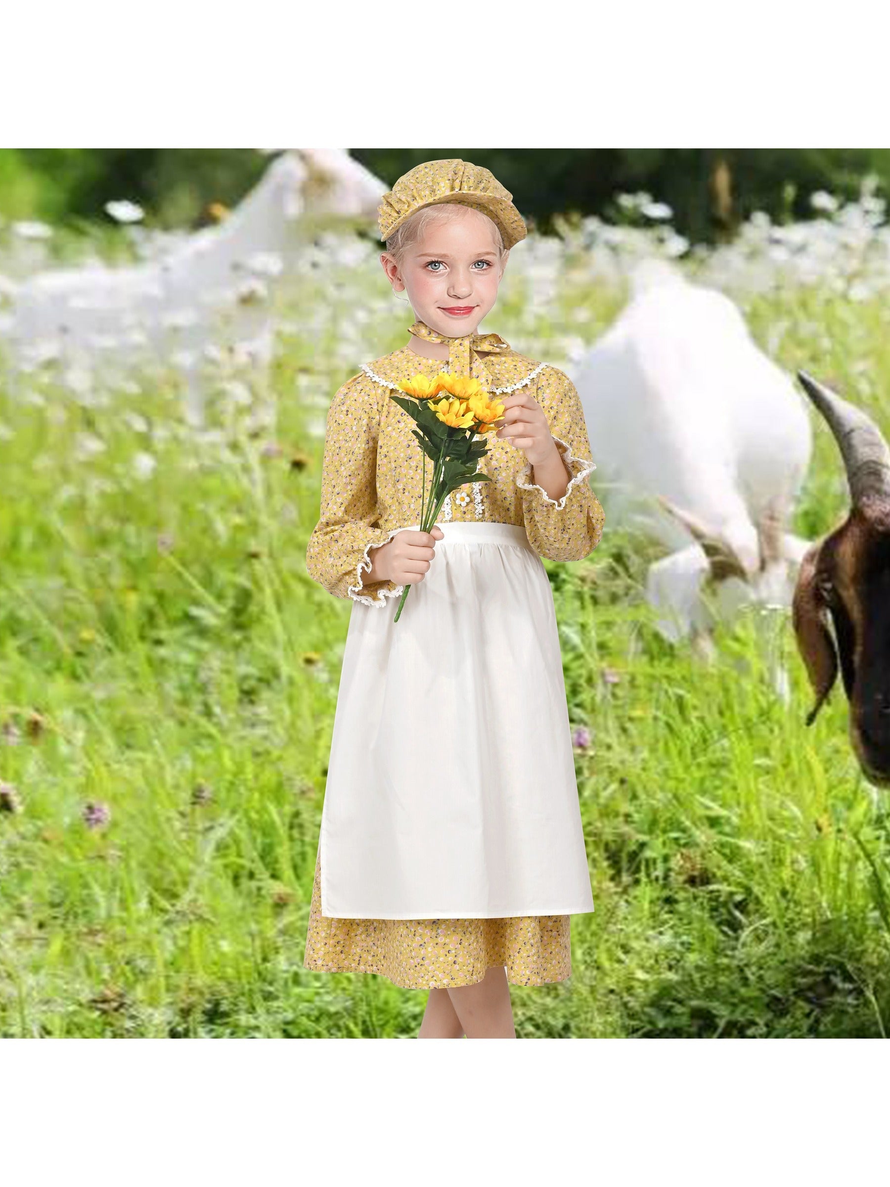 Girls Dress 3 Piece Set Pinafore Hat Colonial Party Floral Vintage Yellow