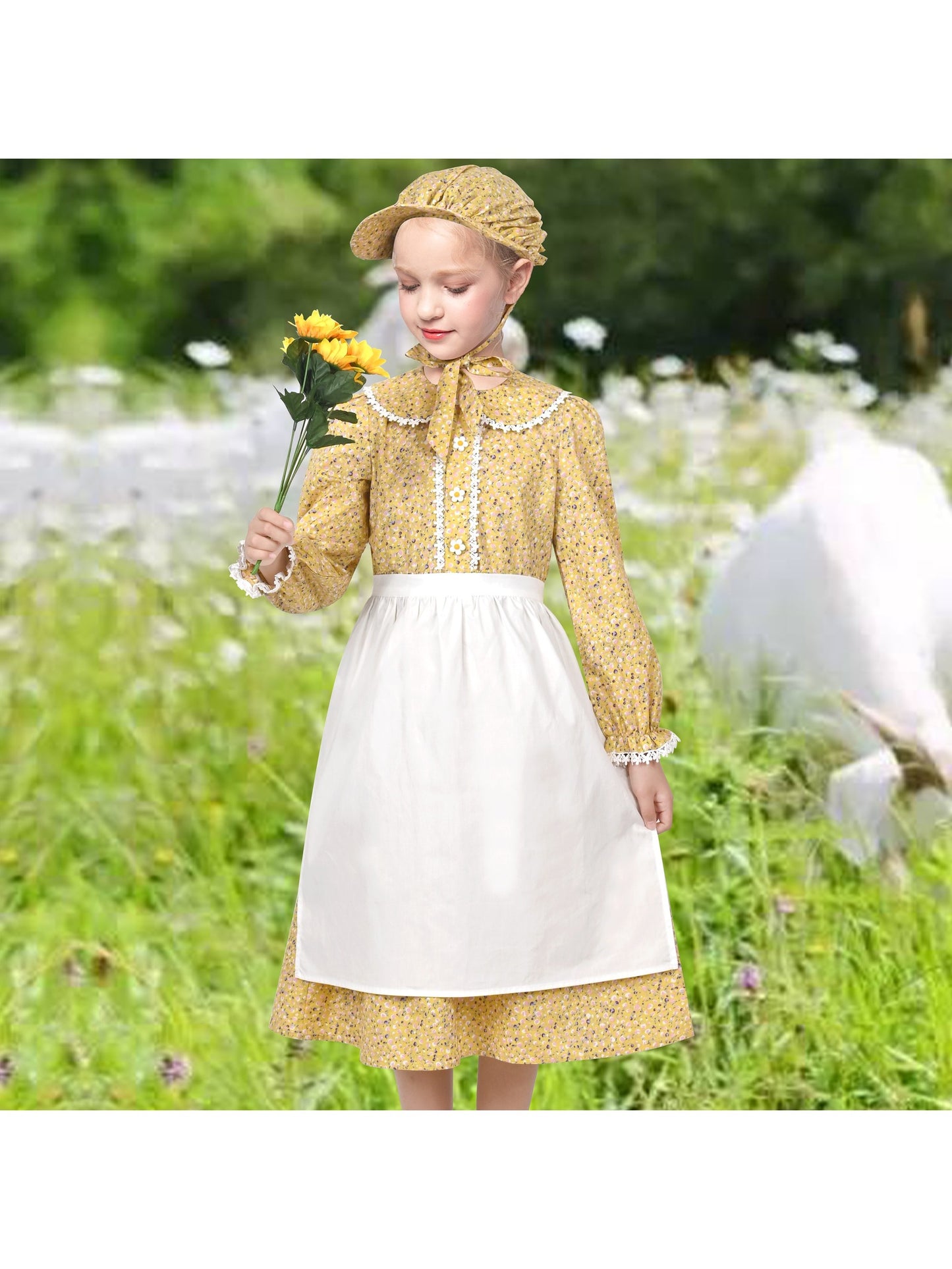 Girls Dress 3 Piece Set Pinafore Hat Colonial Party Floral Vintage Yellow