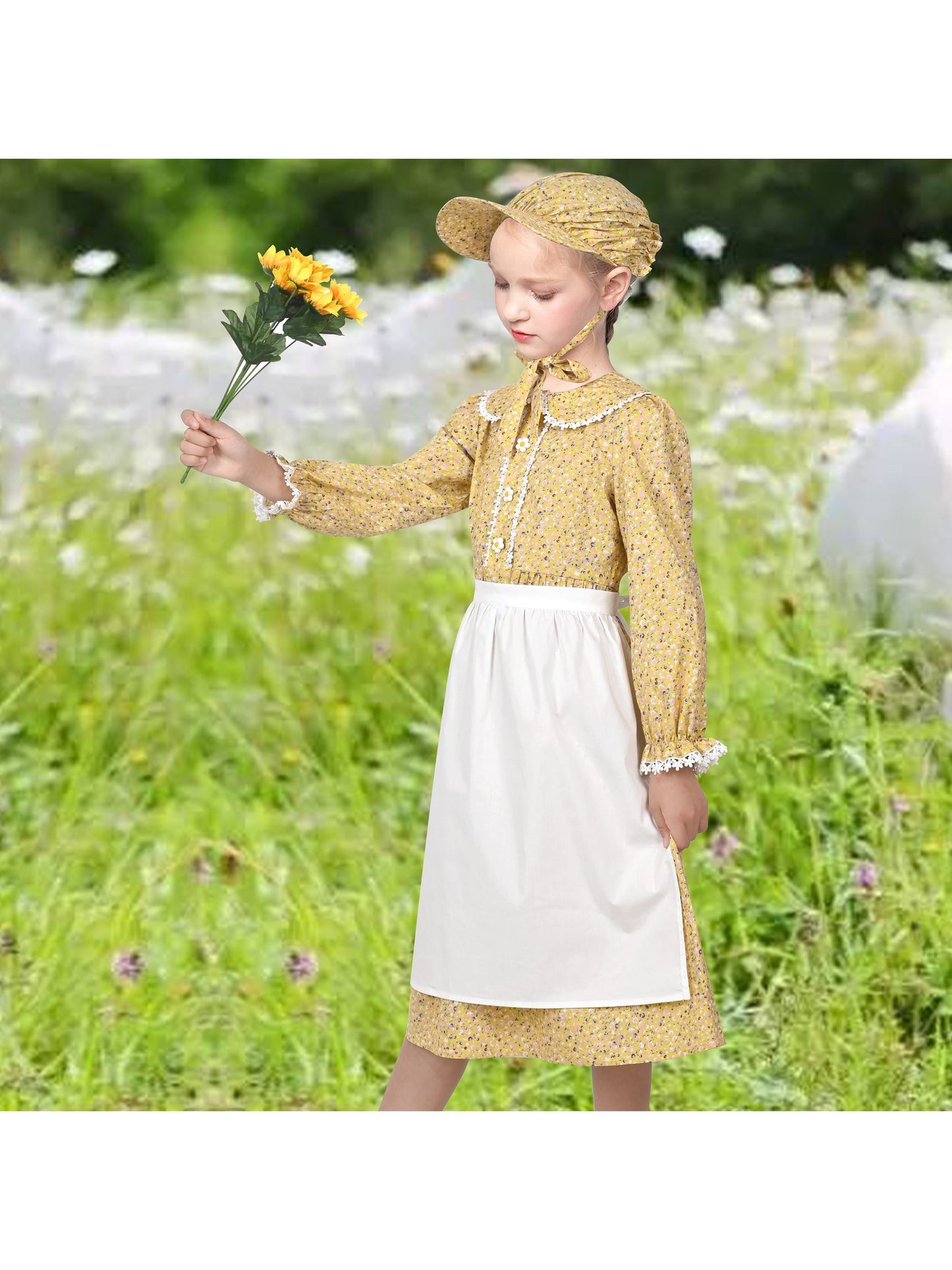 Girls Dress 3 Piece Set Pinafore Hat Colonial Party Floral Vintage Yellow