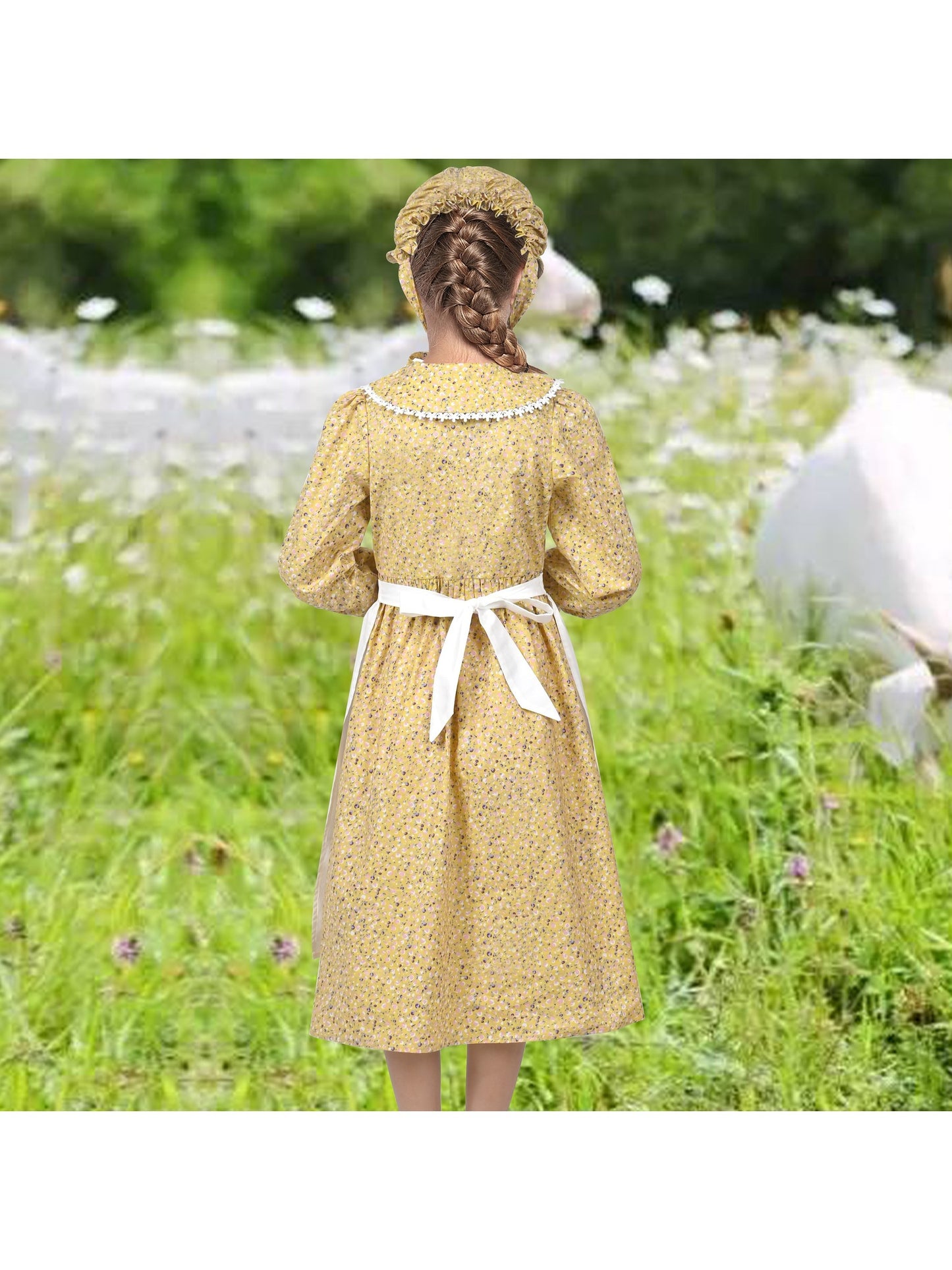 Girls Dress 3 Piece Set Pinafore Hat Colonial Party Floral Vintage Yellow