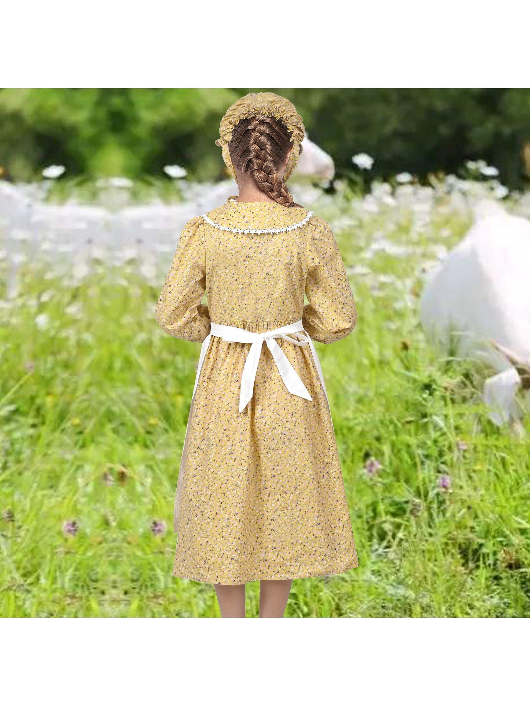 Girls Dress 3 Piece Set Pinafore Hat Colonial Party Floral Vintage Yellow