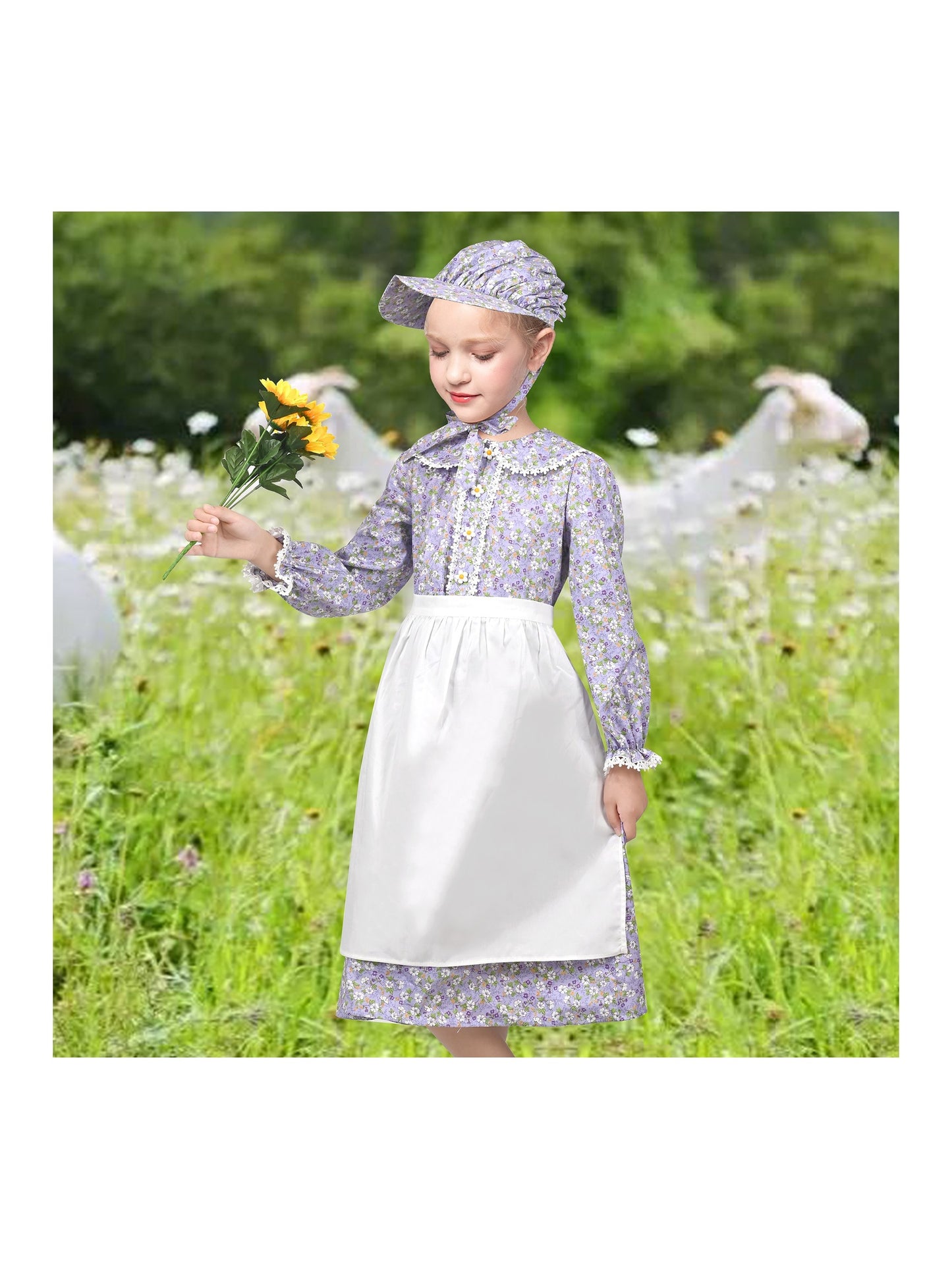 Girls Dress 3 Piece Set Pinafore Hat Colonial Party Floral Vintage Purple