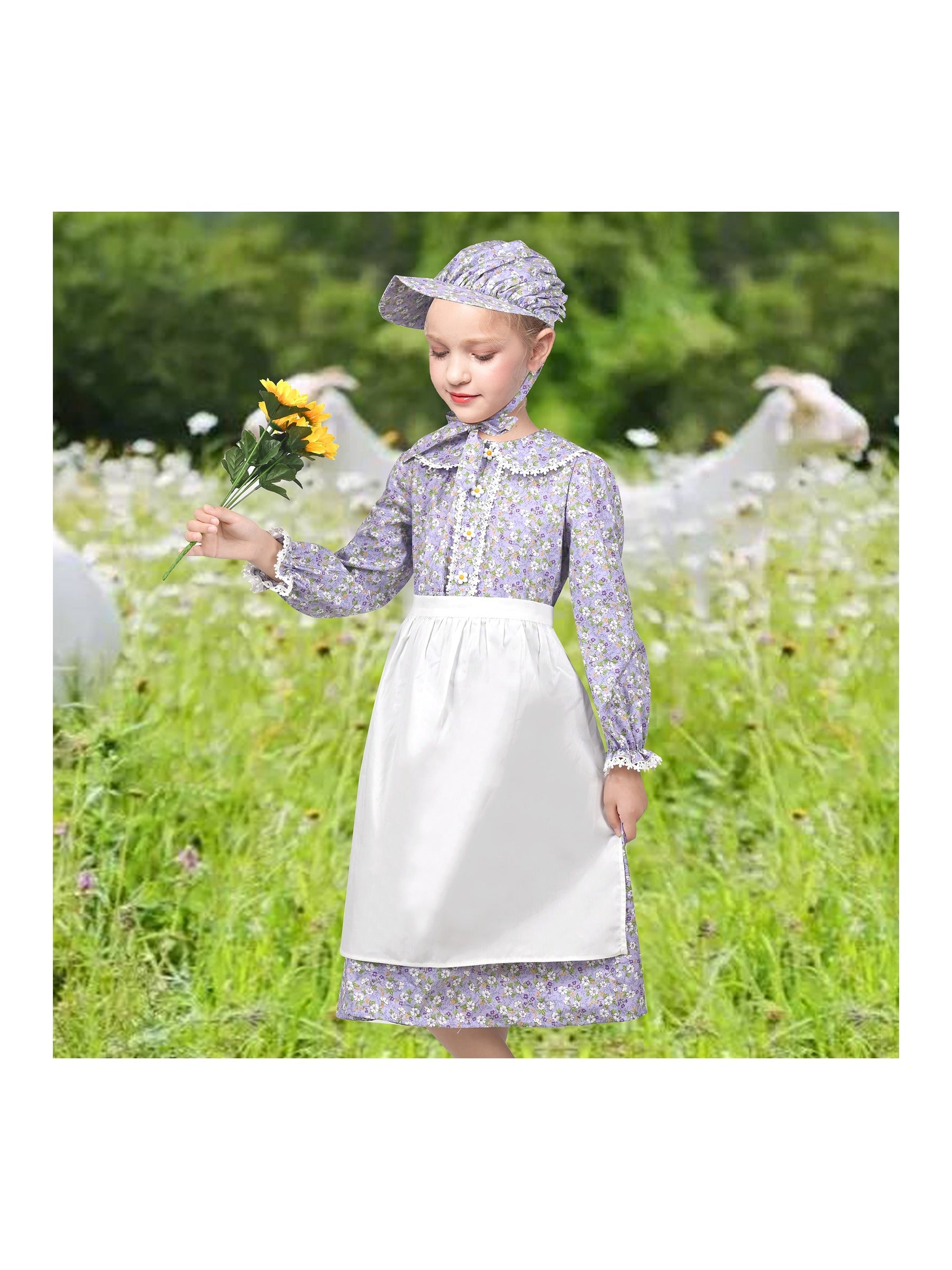 Girls Dress 3 Piece Set Pinafore Hat Colonial Party Floral Vintage Purple