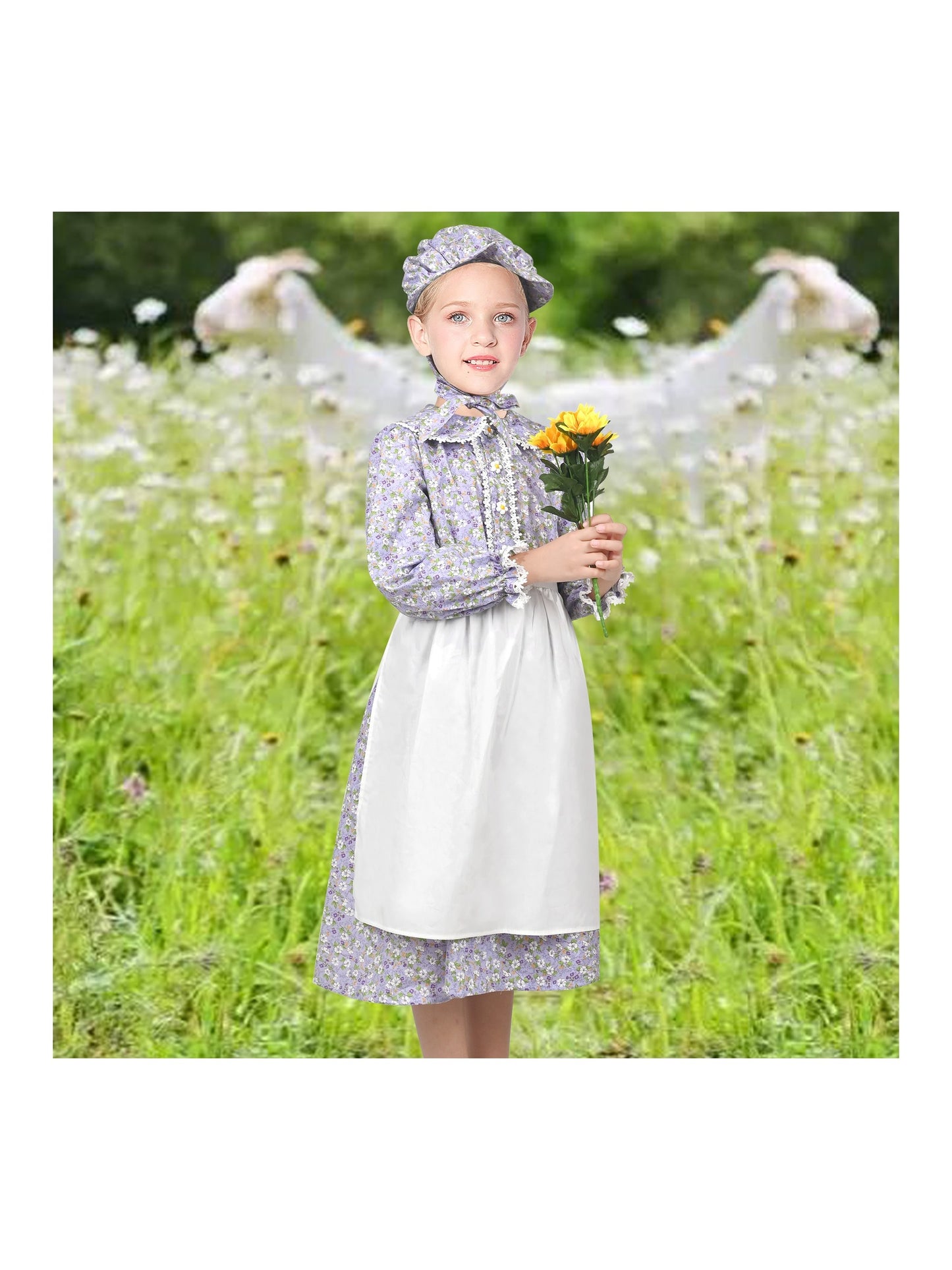 Girls Dress 3 Piece Set Pinafore Hat Colonial Party Floral Vintage Purple