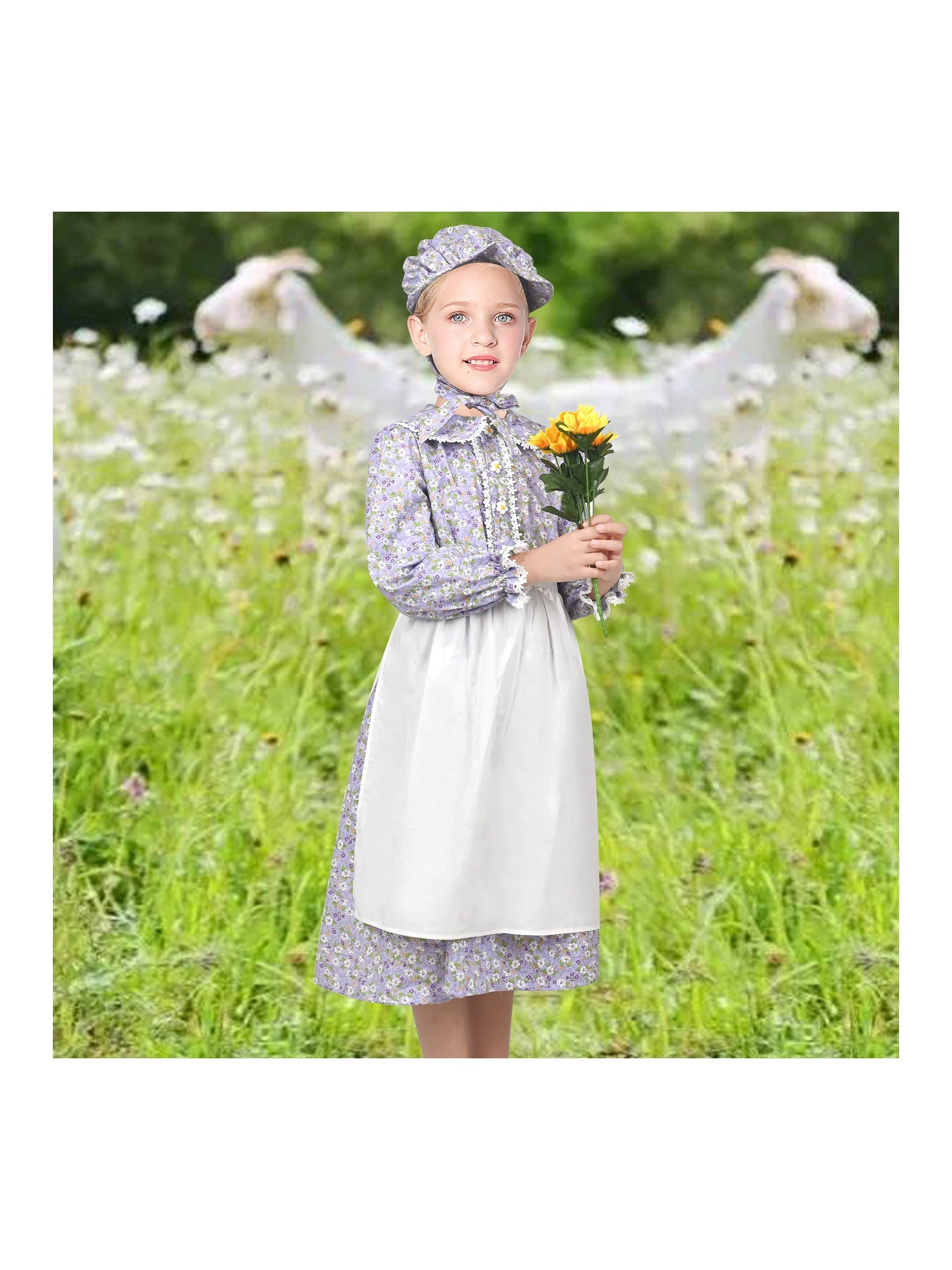 Girls Dress 3 Piece Set Pinafore Hat Colonial Party Floral Vintage Purple