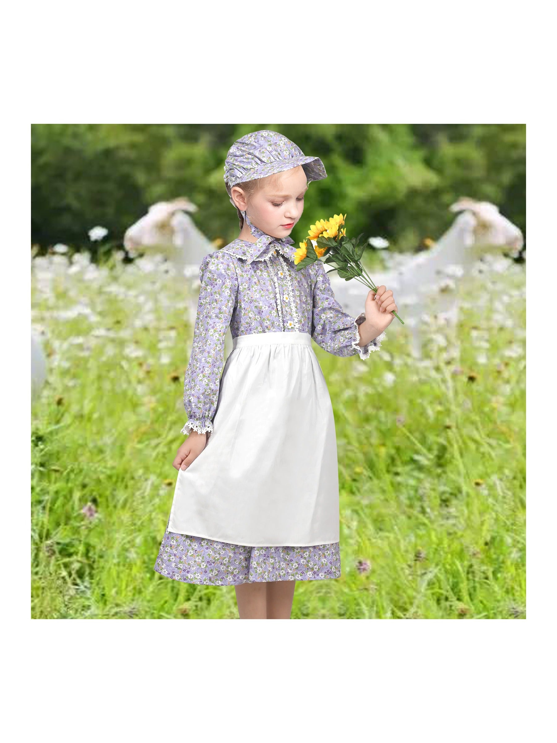 Girls Dress 3 Piece Set Pinafore Hat Colonial Party Floral Vintage Purple