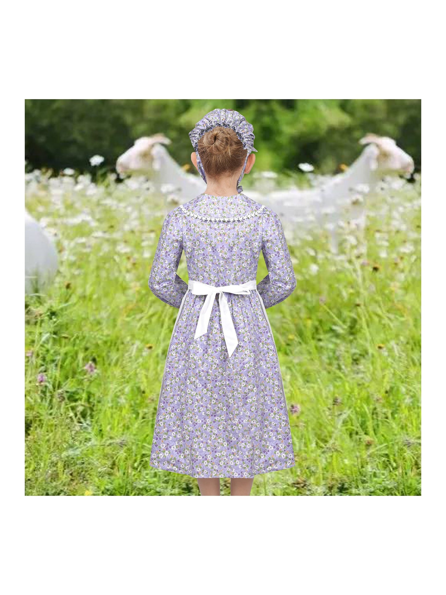 Girls Dress 3 Piece Set Pinafore Hat Colonial Party Floral Vintage Purple