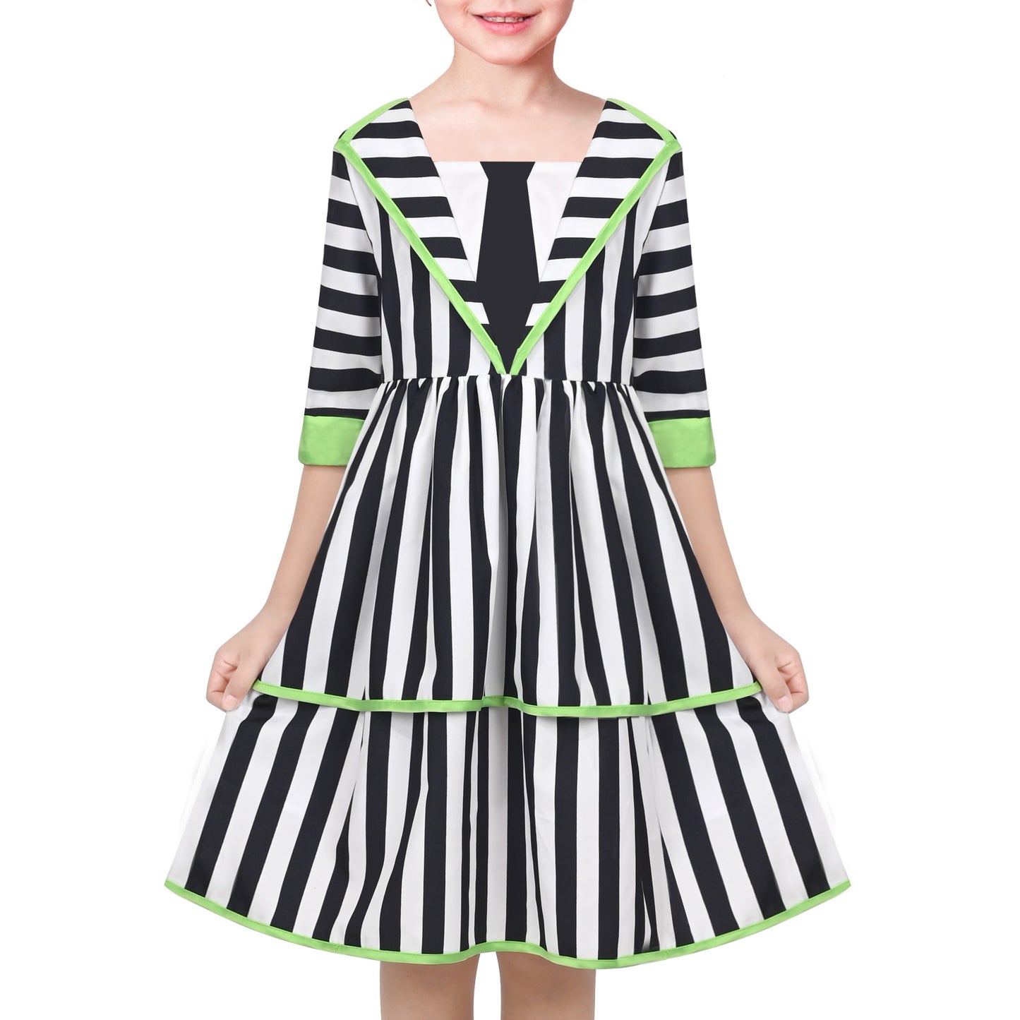 Girls Dress Black White Striped Gothic 1950s Retro Tiered Halloween Black