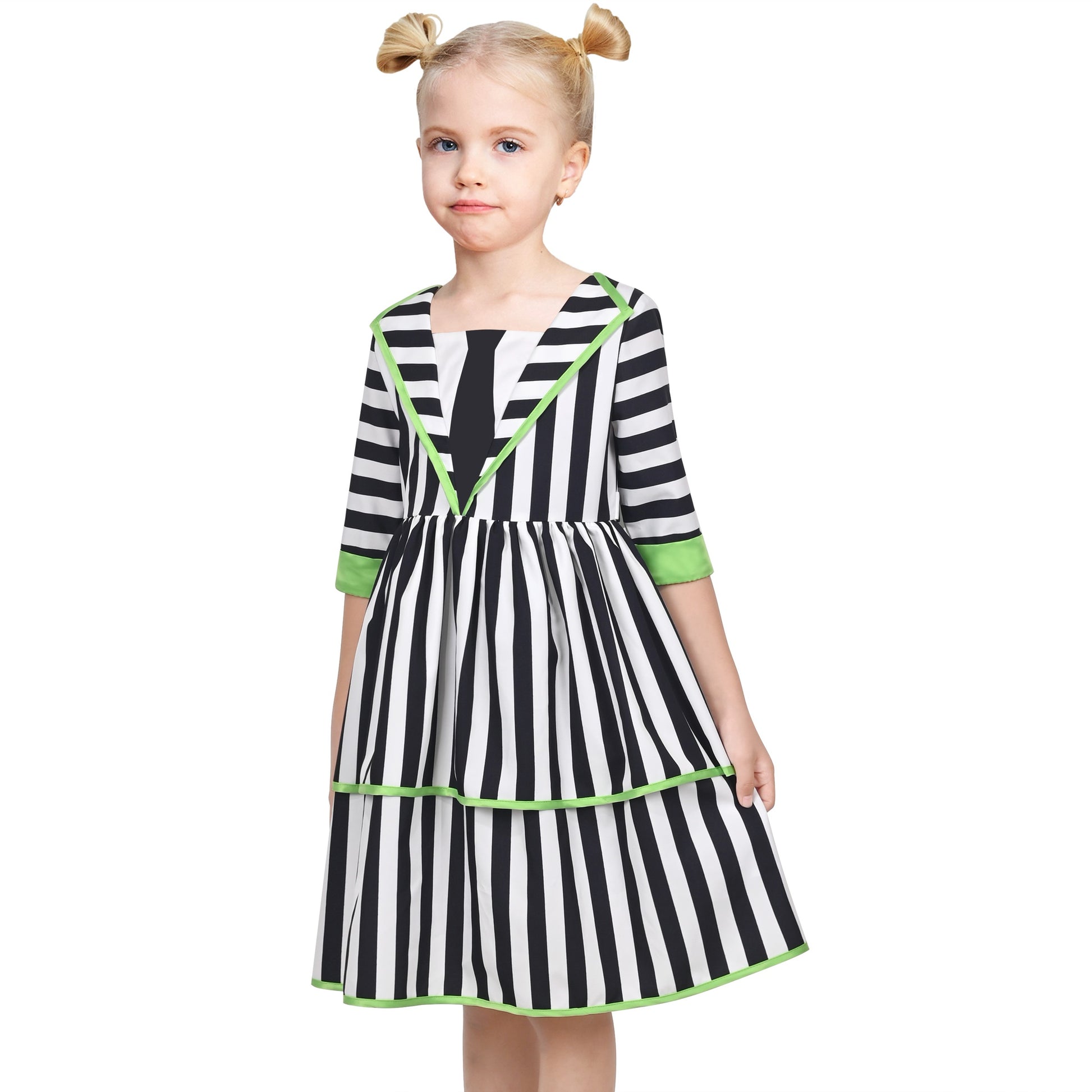Girls Dress Black White Striped Gothic 1950s Retro Tiered Halloween Black