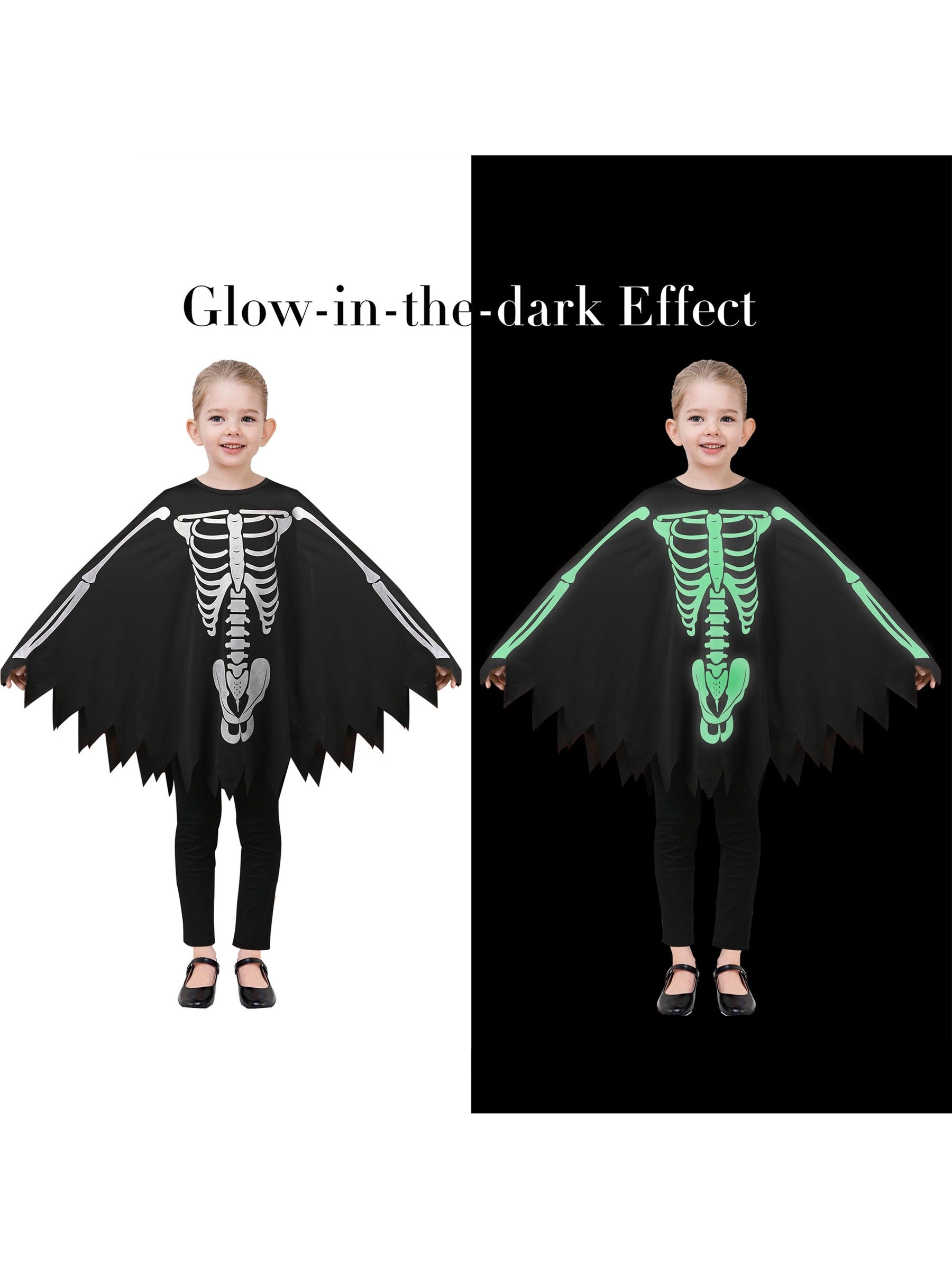 Girls Dress Black Glow in The Dark Skeleton Cloak Cape Costume Halloween Black