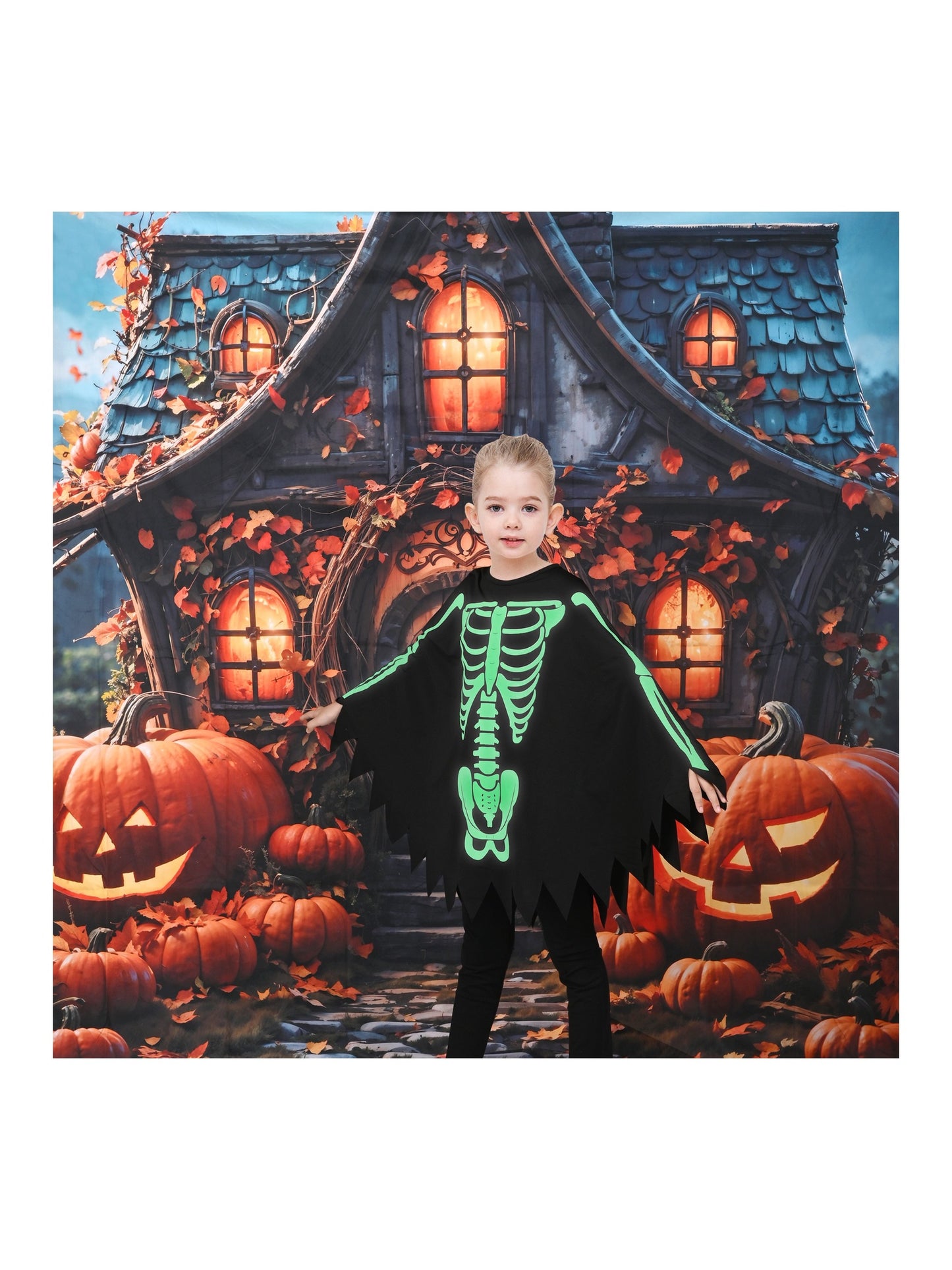 Girls Dress Black Glow in The Dark Skeleton Cloak Cape Costume Halloween Black