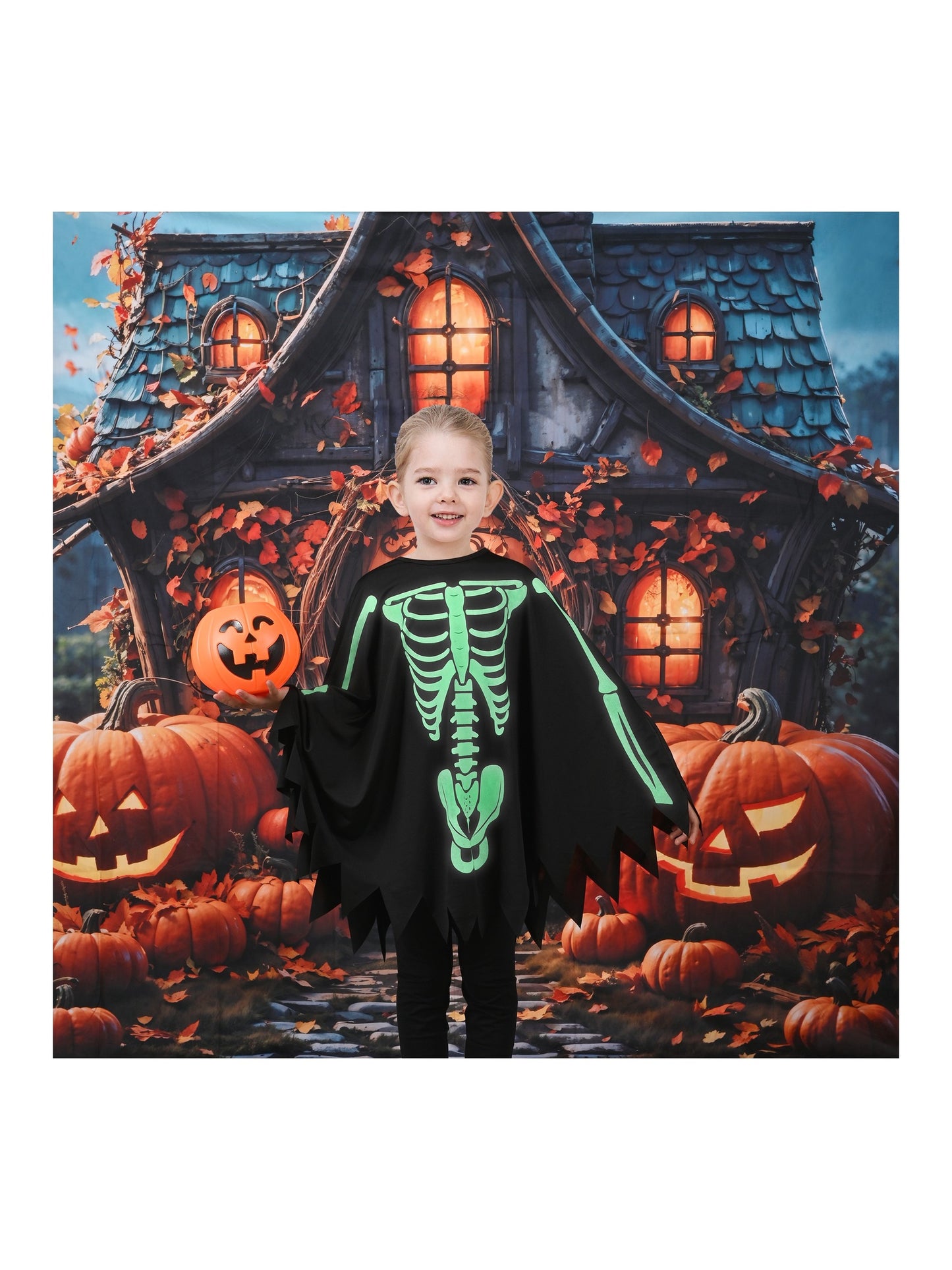 Girls Dress Black Glow in The Dark Skeleton Cloak Cape Costume Halloween Black