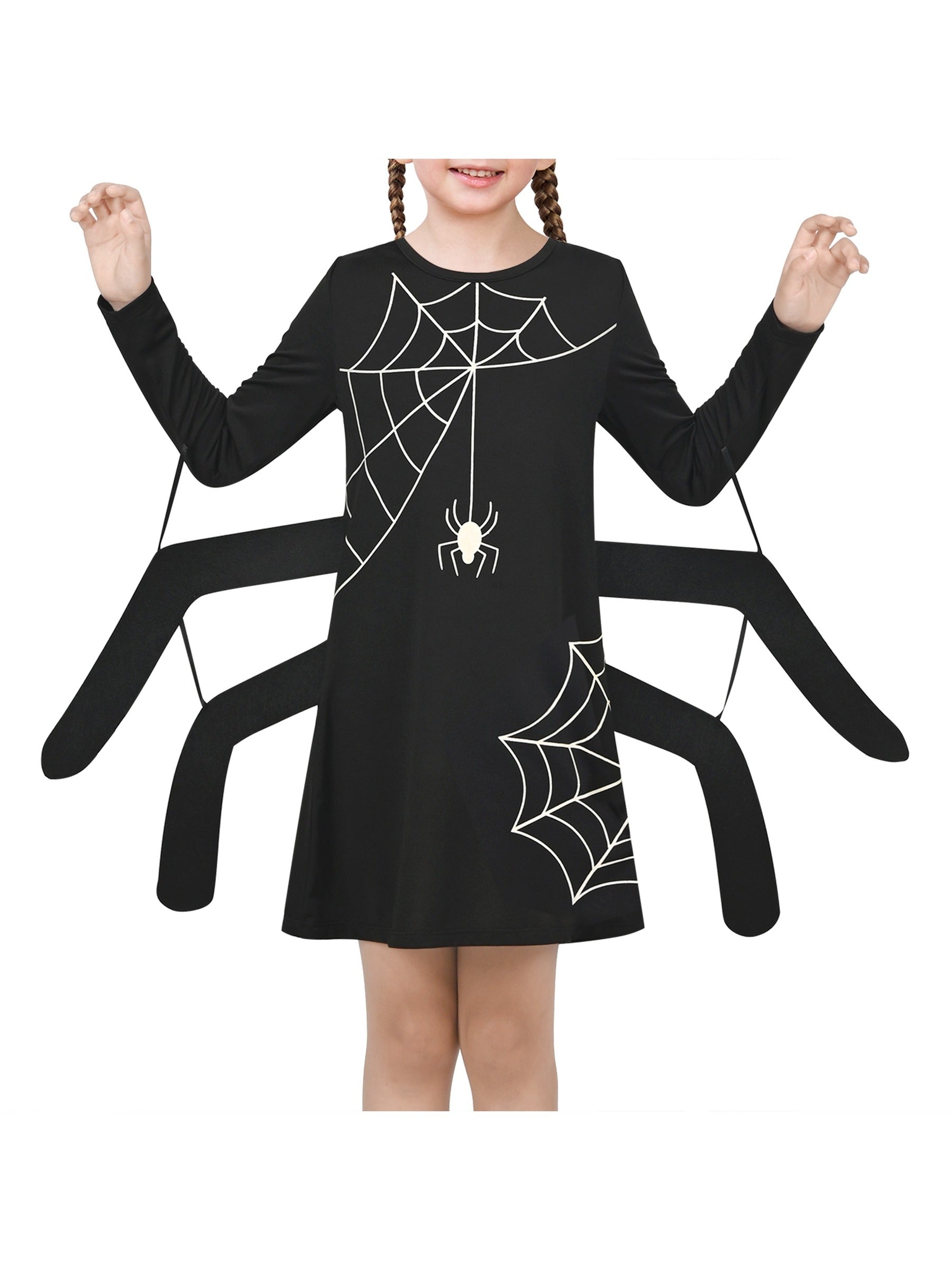 Girls Dress Spider Web Glow in The Dark Long Sleeve Halloween Costume Black