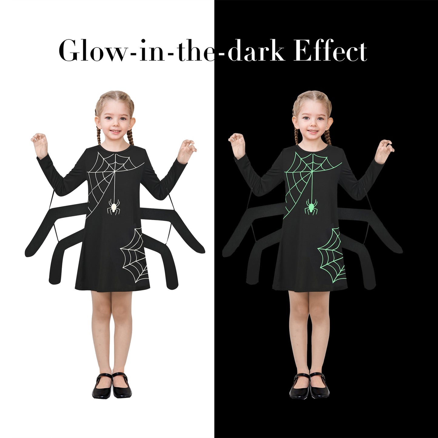 Girls Dress Spider Web Glow in The Dark Long Sleeve Halloween Costume Black