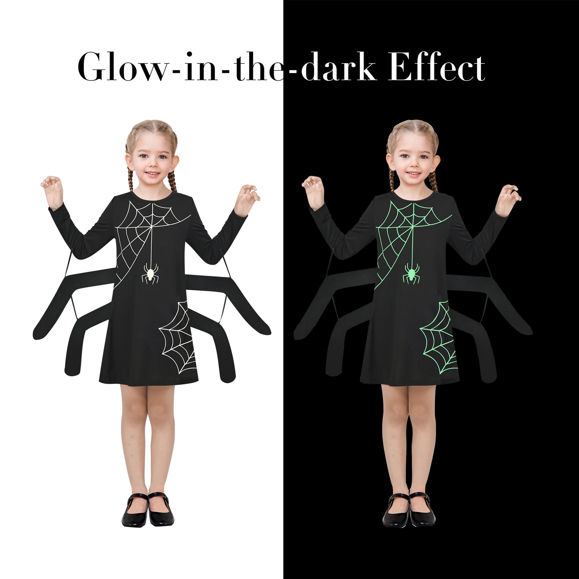Girls Dress Spider Web Glow in The Dark Long Sleeve Halloween Costume Black