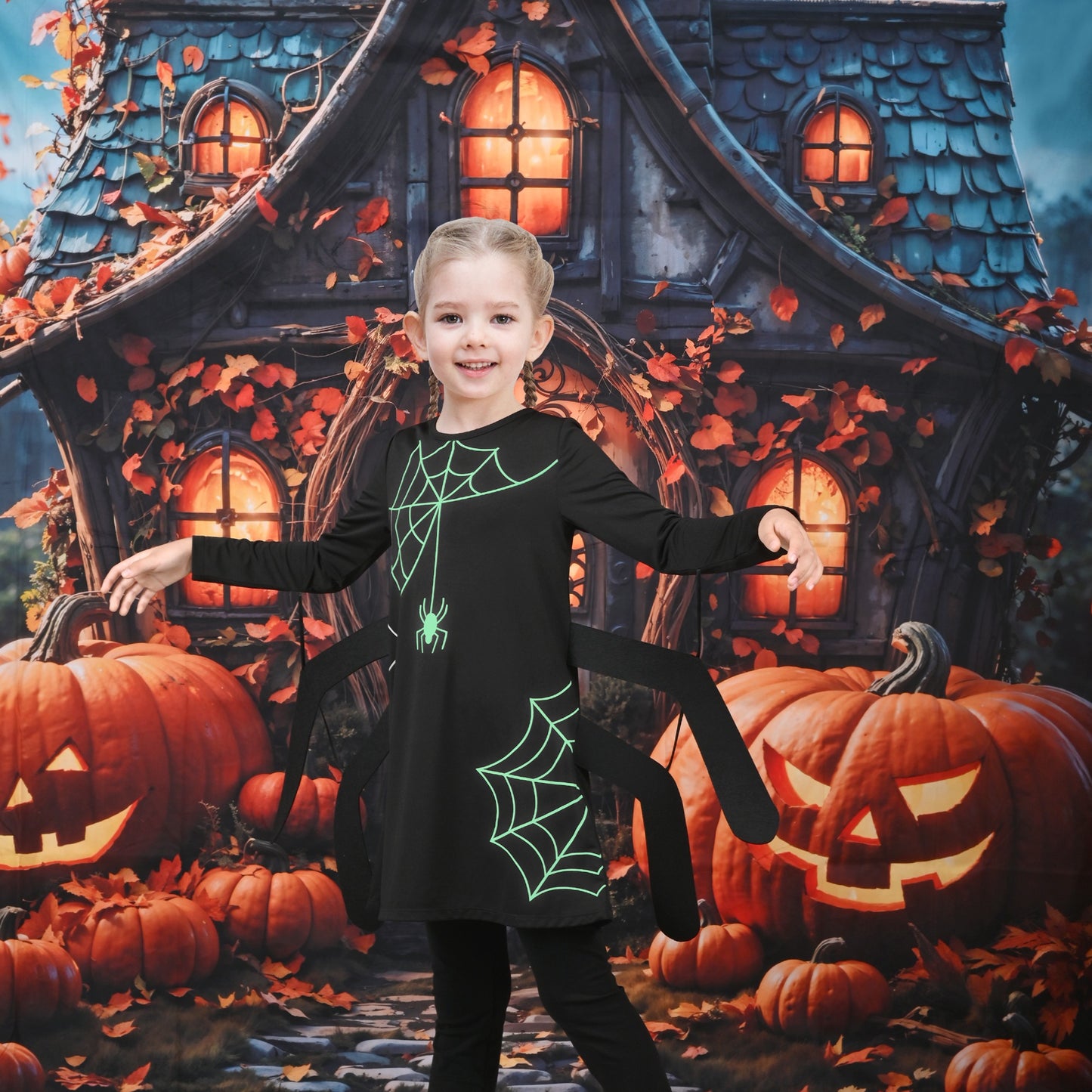 Girls Dress Spider Web Glow in The Dark Long Sleeve Halloween Costume Black