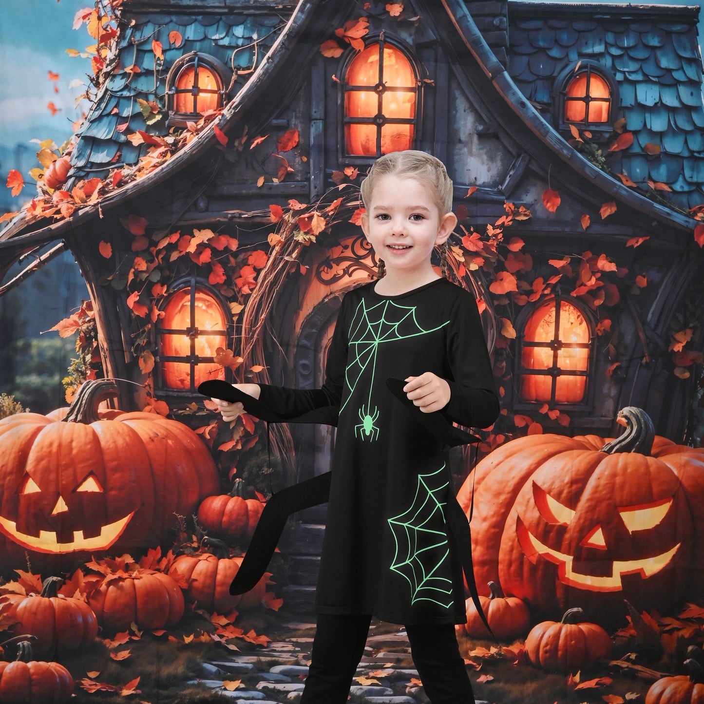 Girls Dress Spider Web Glow in The Dark Long Sleeve Halloween Costume Black