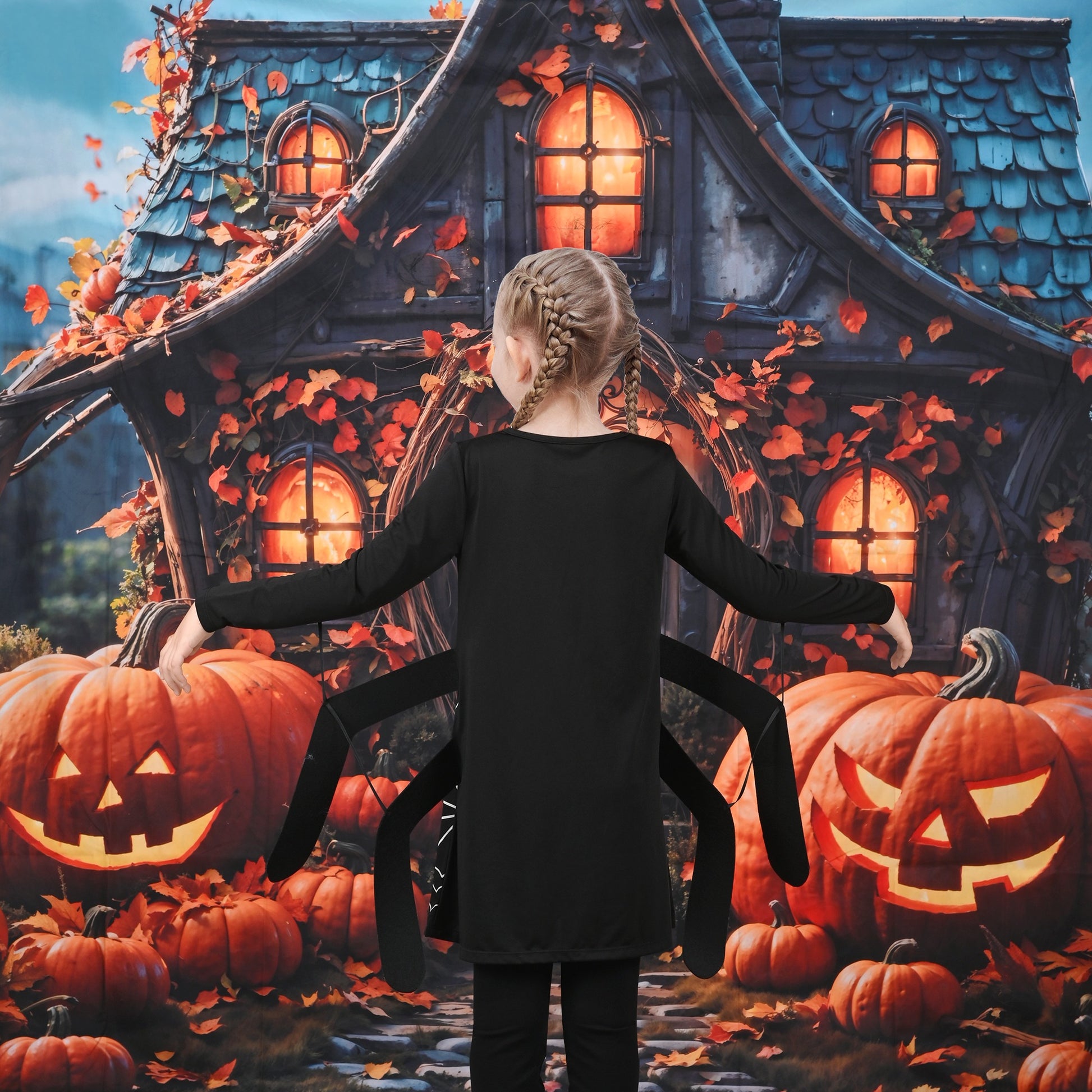 Girls Dress Spider Web Glow in The Dark Long Sleeve Halloween Costume Black