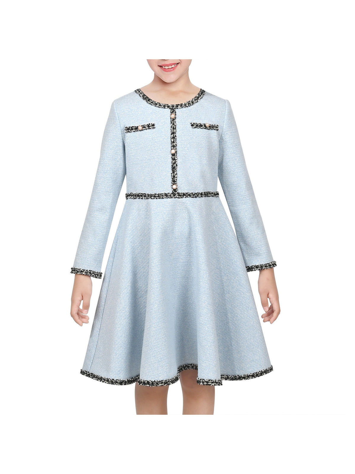 Girls Dress Blue Crewneck Pearl Tweed Elegant Vintage Long Sleeve Casual - Sky Blue