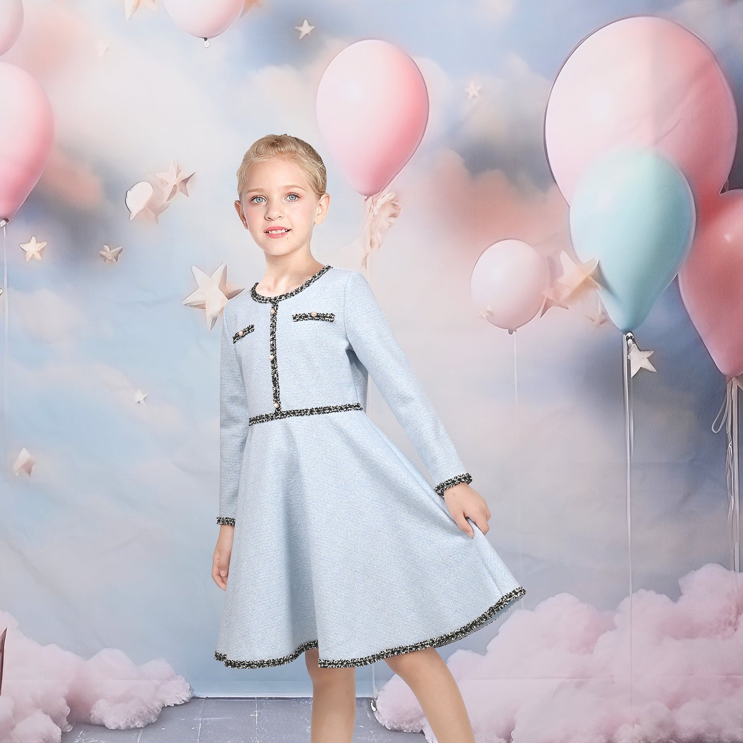 Girls Dress Rose Pink Cable Knit Striped Casual Long Sleeve Cotton Blue