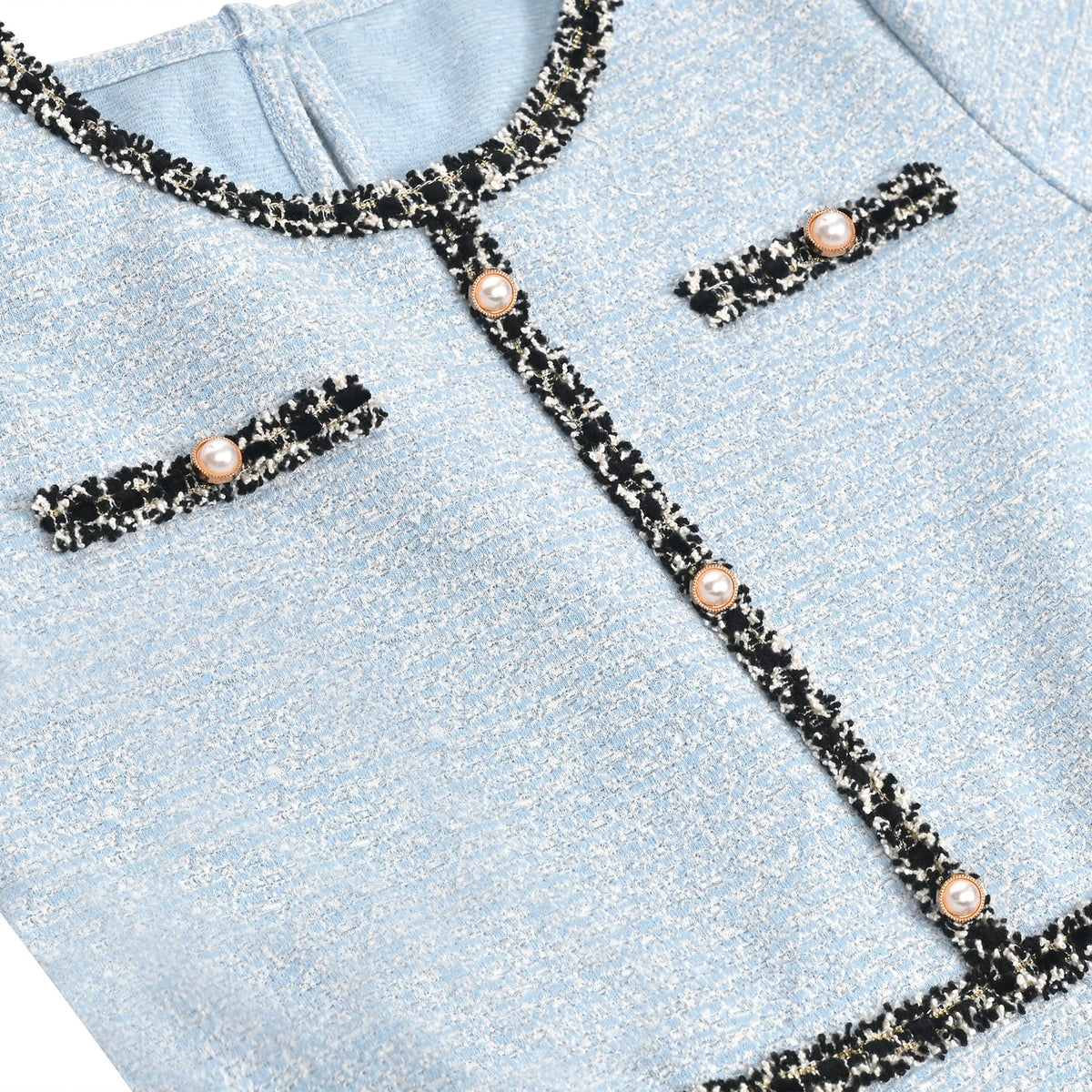 Girls Dress Blue Crewneck Pearl Tweed Elegant Vintage Long Sleeve Casual - Sky Blue