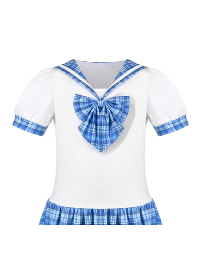 Girls Dress Sailor Cosplay School Uniform - Blue Plaid