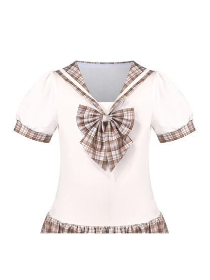 Girls Dress Sailor Cosplay School Uniform - Beige Plaid