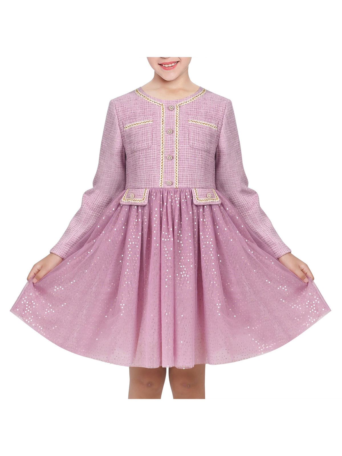 Girls Dress Green Pearl Pocket Sequin Classic Elegant Xmas Long Sleeve - Light Purple