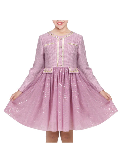 Girls Dress Green Pearl Pocket Sequin Classic Elegant Xmas Long Sleeve - Light Purple