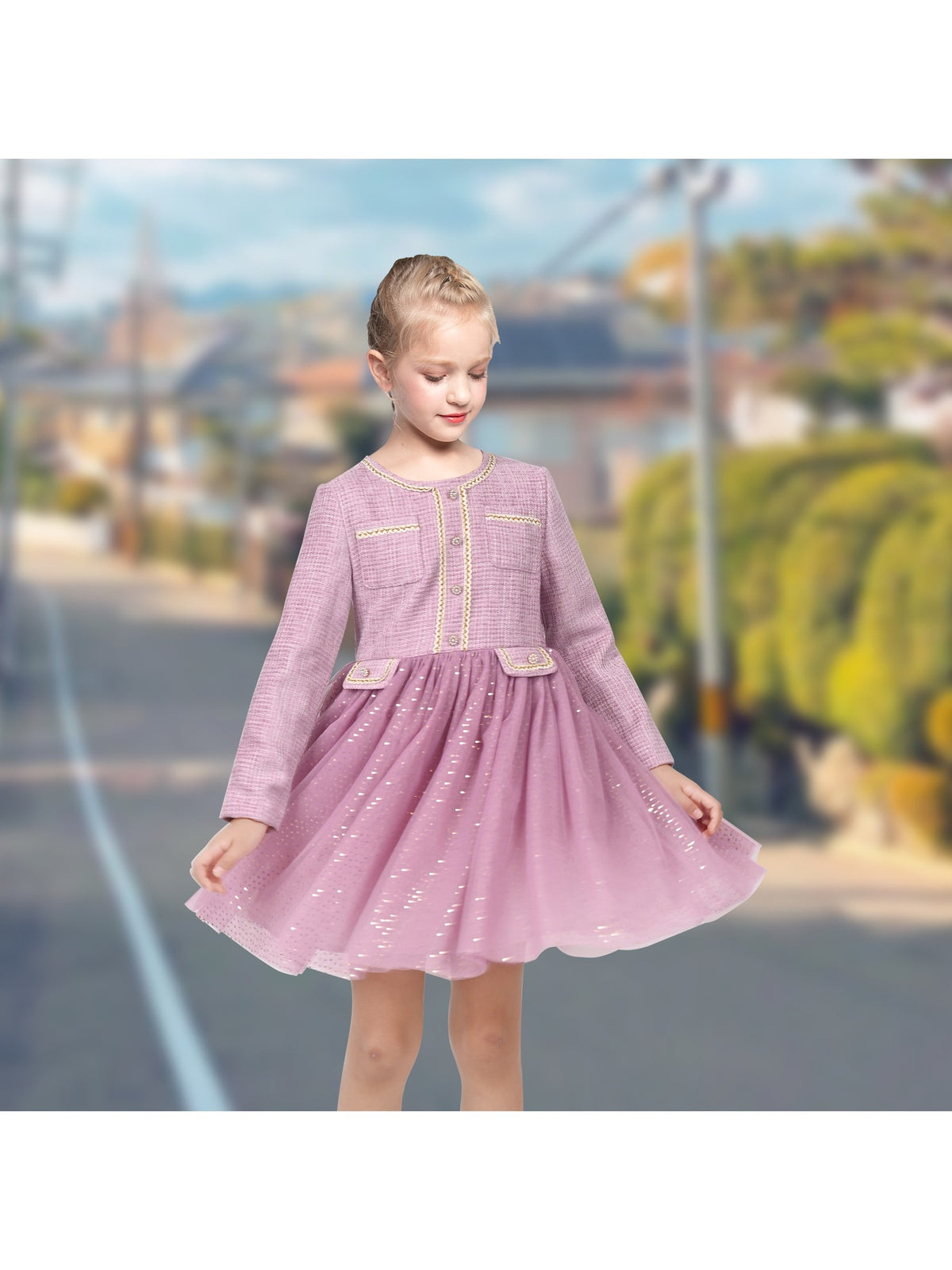 Girls Dress Green Pearl Pocket Sequin Classic Elegant Xmas Long Sleeve - Light Purple